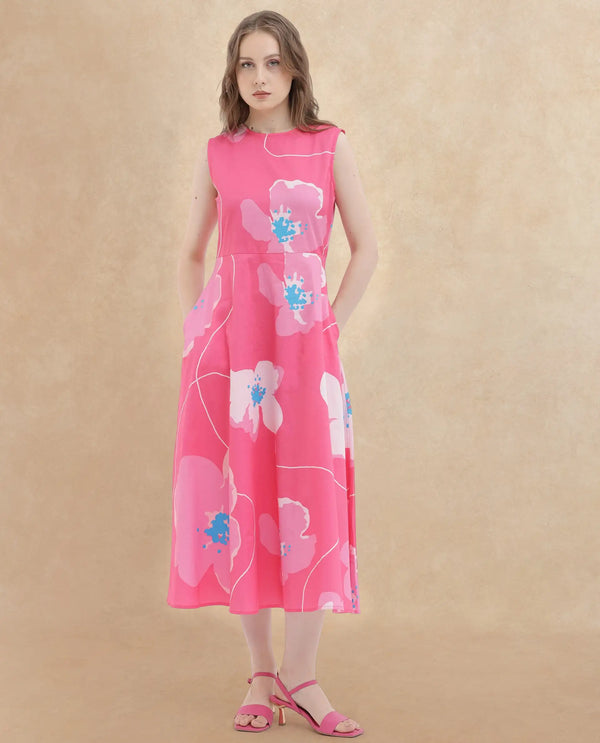 Rareism Women Jerile Flouroscent Pink Cotton Fabric Sleeveless Boat Neck Floral Print Longline Dress