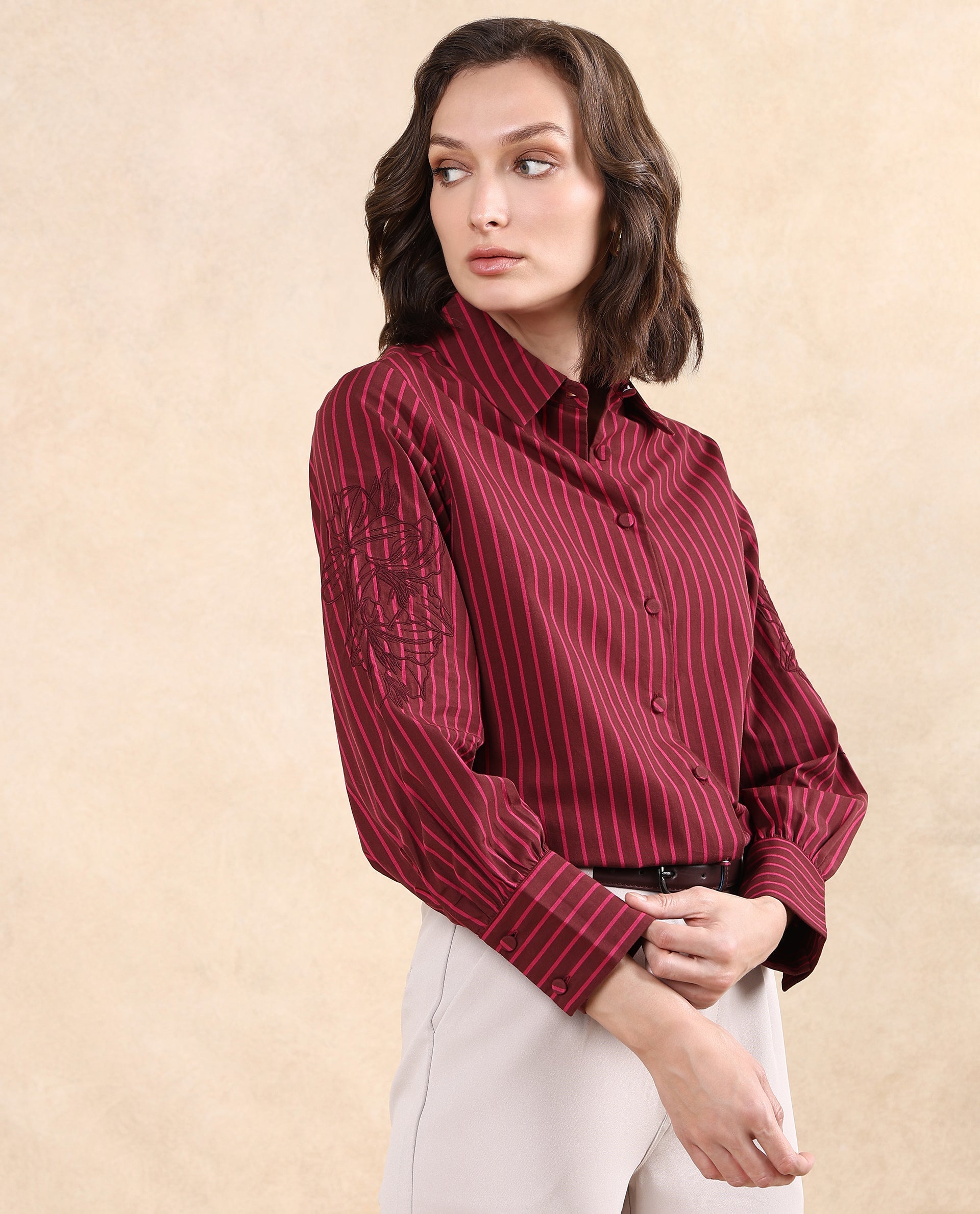 Rareism Women Jolvo Maroon Cotton Fabric Bishop Sleeve Collared Neck Button Closure Narrow Stripes Shirt