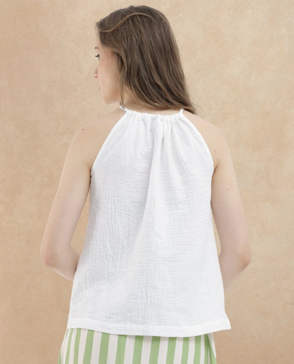 Rareism Women Jordyn Pastel White Cotton Fabric Sleeveless Tie-Up Closure Halter Neck Shoulder Straps Regular Fit Plain Top