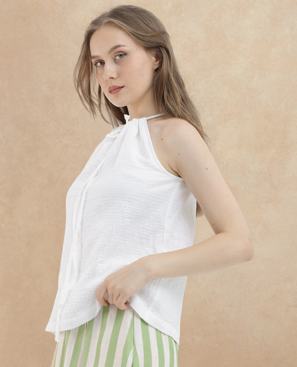 Rareism Women Jordyn Pastel White Cotton Fabric Sleeveless Tie-Up Closure Halter Neck Shoulder Straps Regular Fit Plain Top