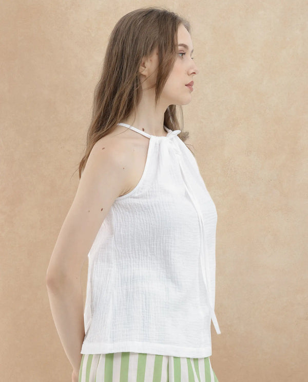 Rareism Women Jordyn Pastel White Cotton Fabric Sleeveless Tie-Up Closure Halter Neck Shoulder Straps Regular Fit Plain Top