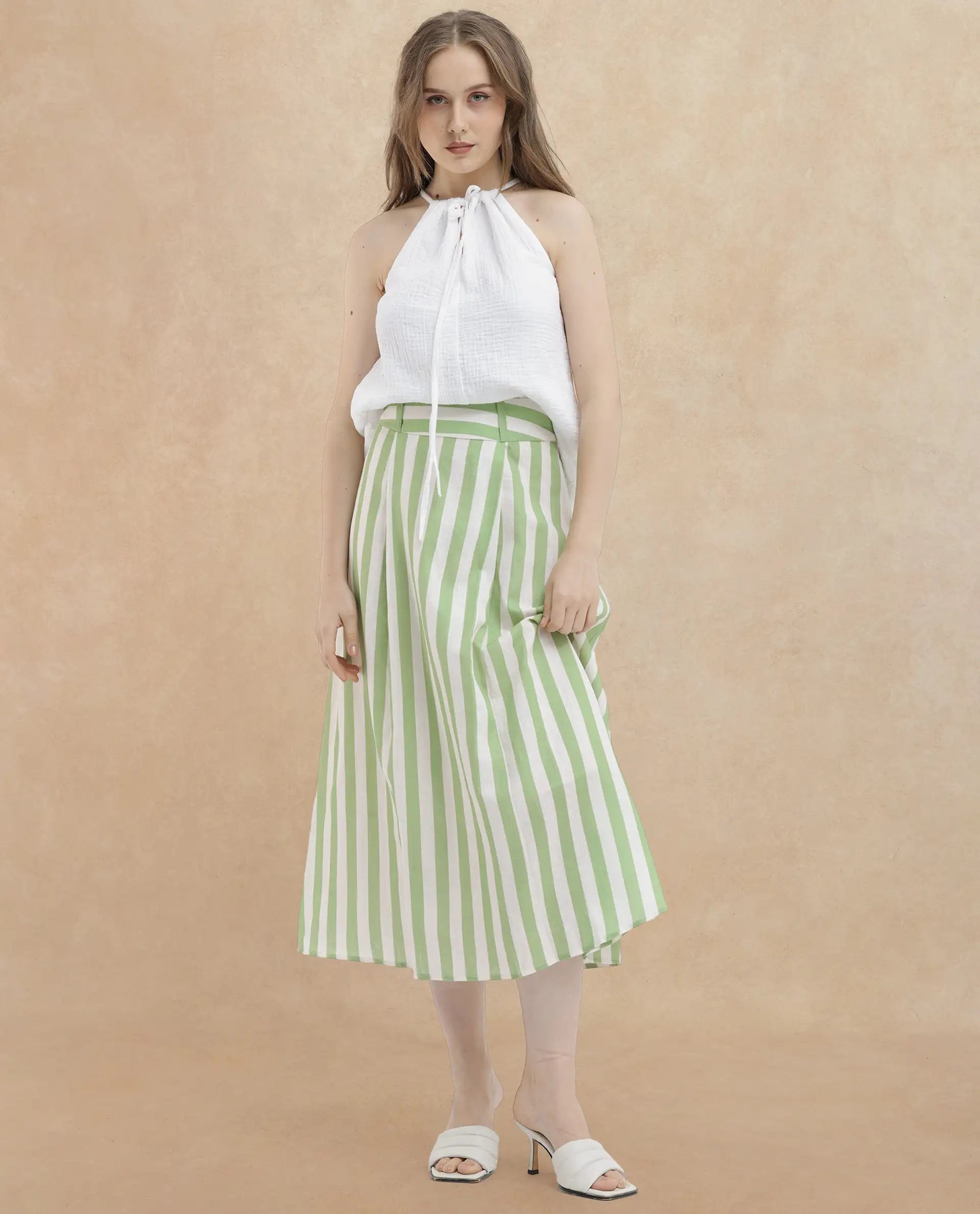 Rareism Women Jordyn Pastel White Cotton Fabric Sleeveless Tie-Up Closure Halter Neck Shoulder Straps Regular Fit Plain Top