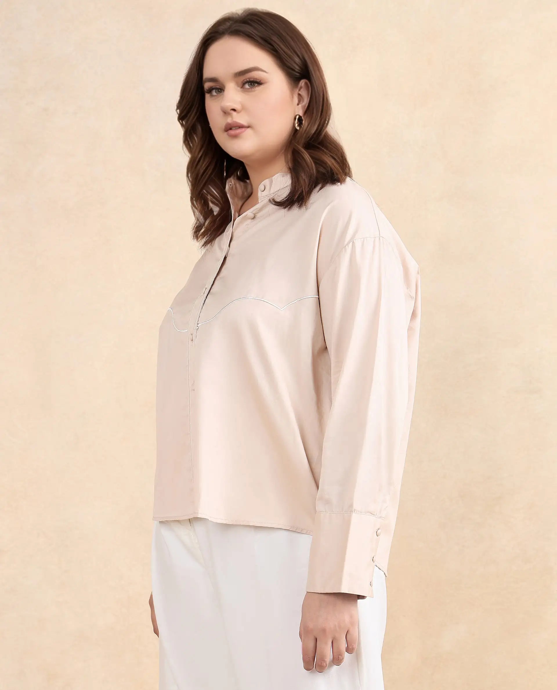Rareism Women Jujo Beige Cotton Satin Fabric Cuffed Sleeve Mandarin Collar Button Closure Plain Shirt