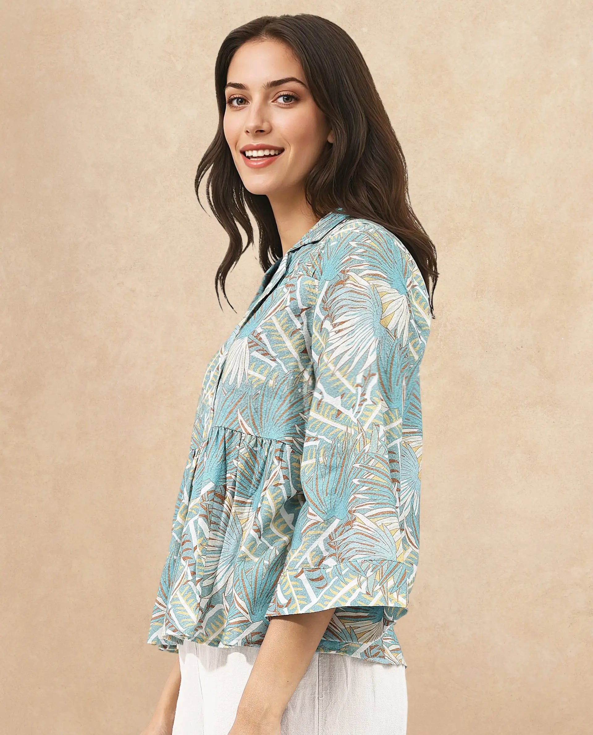 Rareism Women Karrara Dusky Blue Button Closure 3/4Th Sleeve Lapel Neck Abstract Print Top