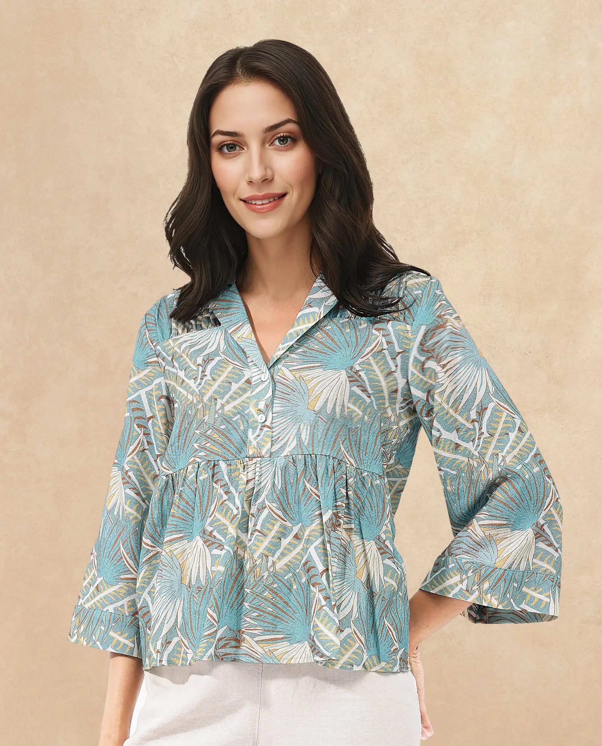 Rareism Women Karrara Dusky Blue Button Closure 3/4Th Sleeve Lapel Neck Abstract Print Top