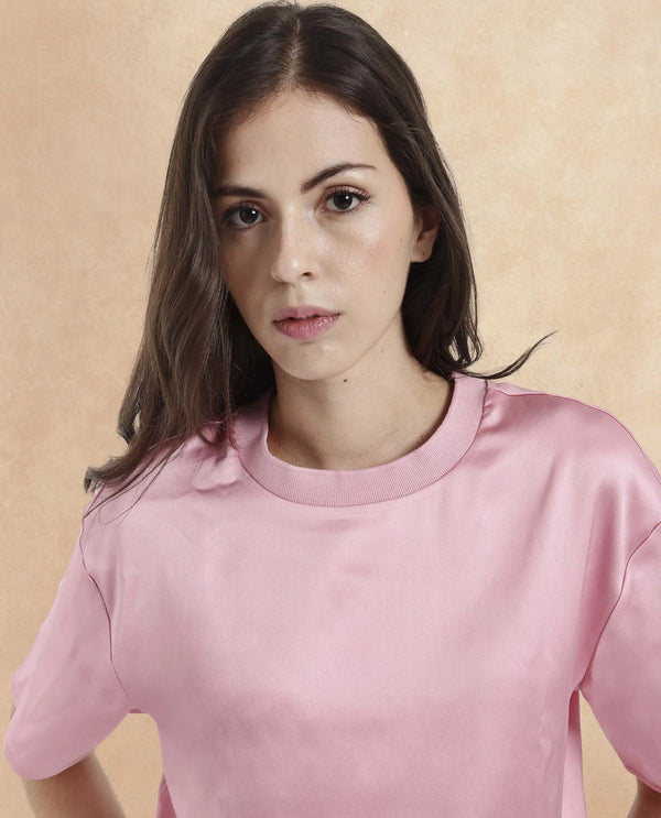 Rareism Women Karuno Light Pink Short Sleeve Ribbed Collar Boxy Fit Plain Top