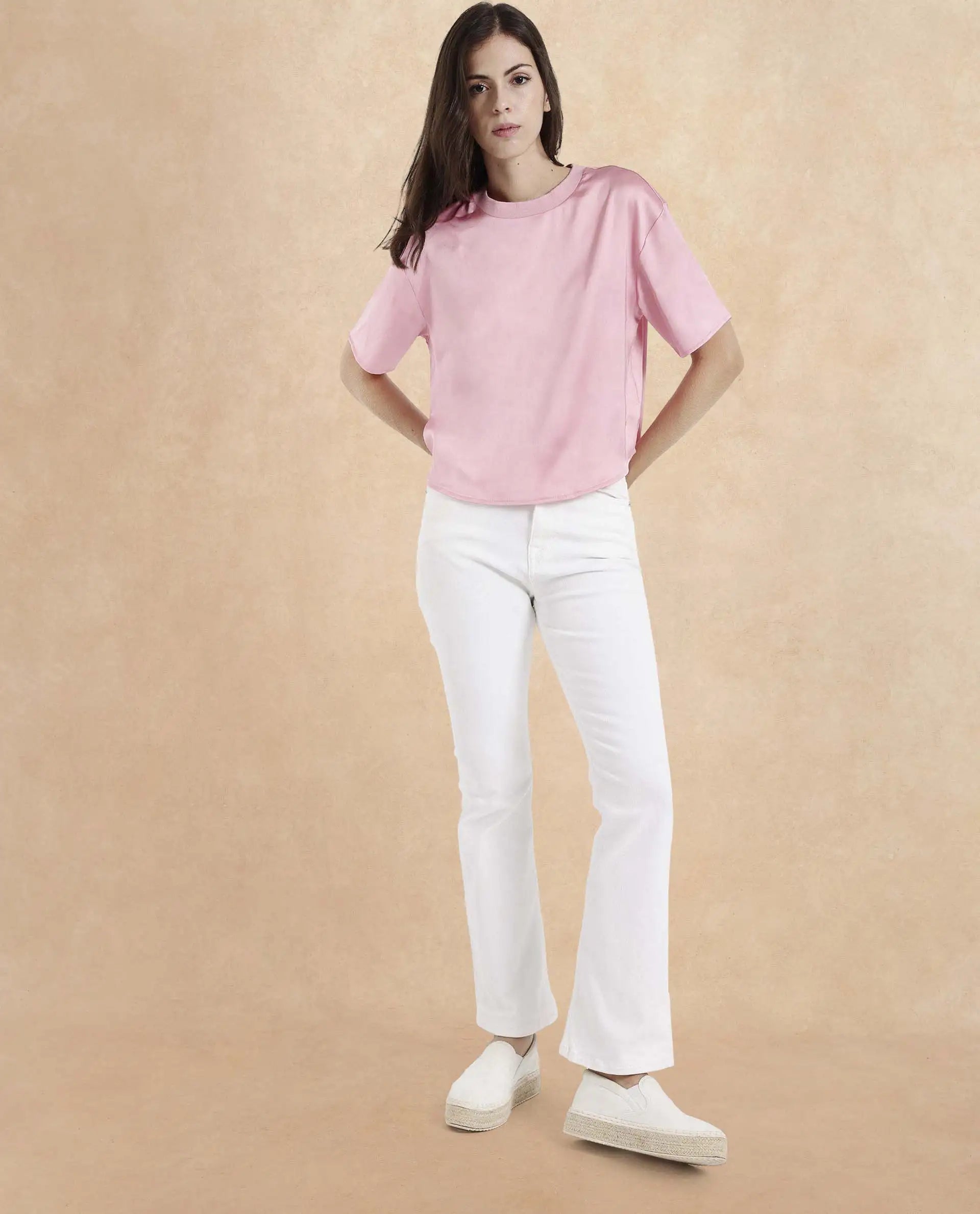 Rareism Women Karuno Light Pink Short Sleeve Ribbed Collar Boxy Fit Plain Top