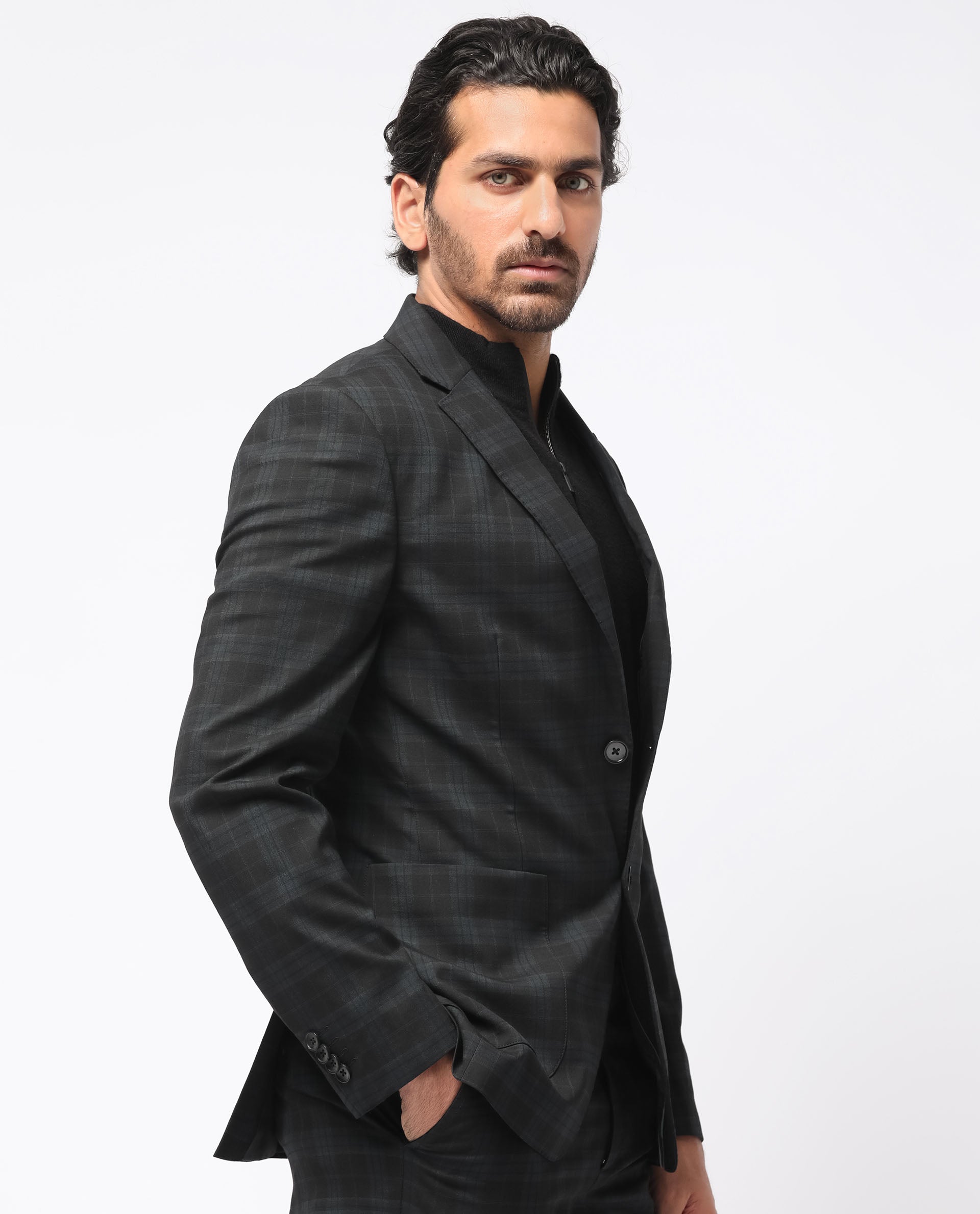 Rare Rabbit Men's Kaspro Black Polyester Viscose Fabric Notch Lapel Button Closure Single Breasted Dupplin Checks Suits