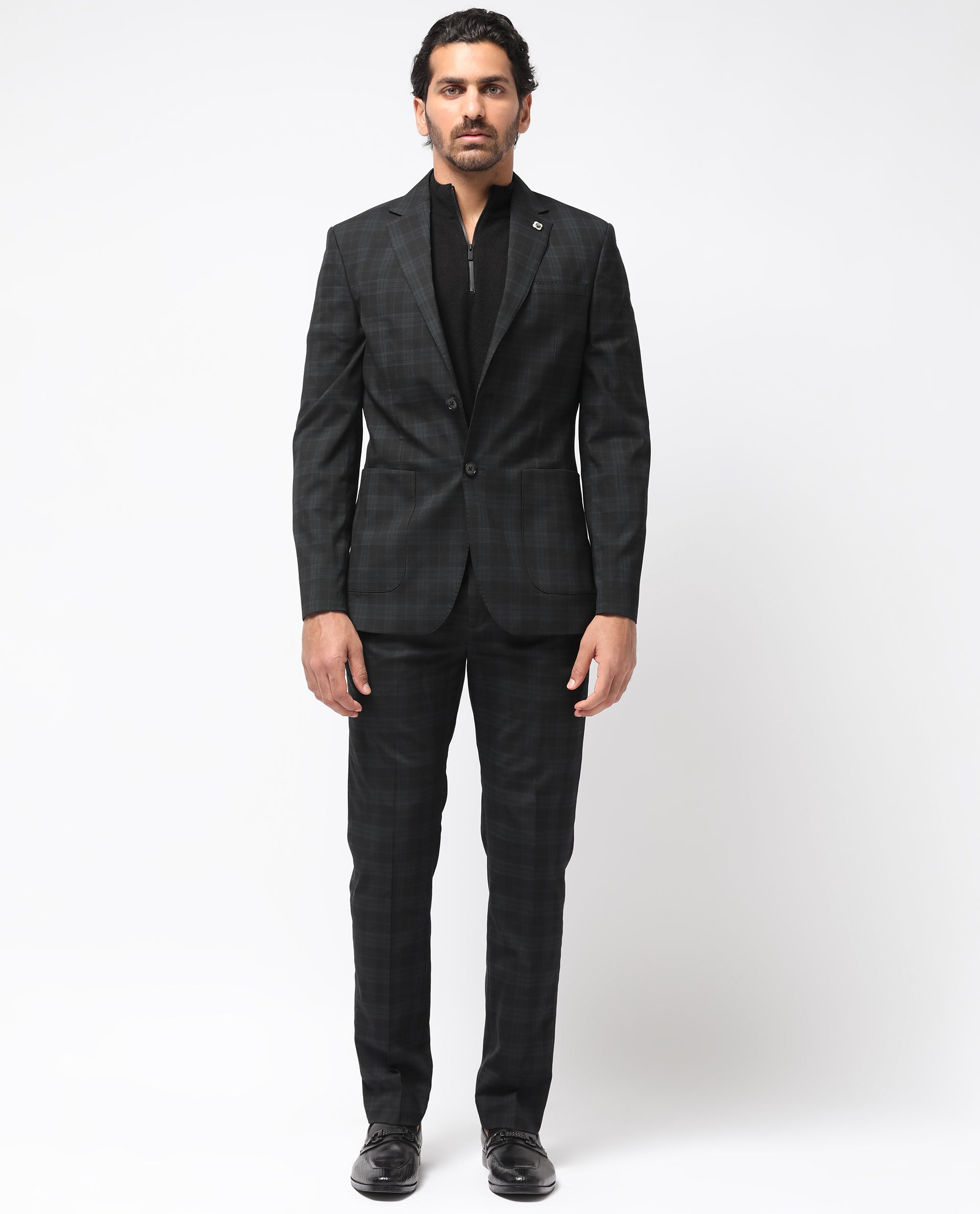 Rare Rabbit Men's Kaspro Black Polyester Viscose Fabric Notch Lapel Button Closure Single Breasted Dupplin Checks Suits