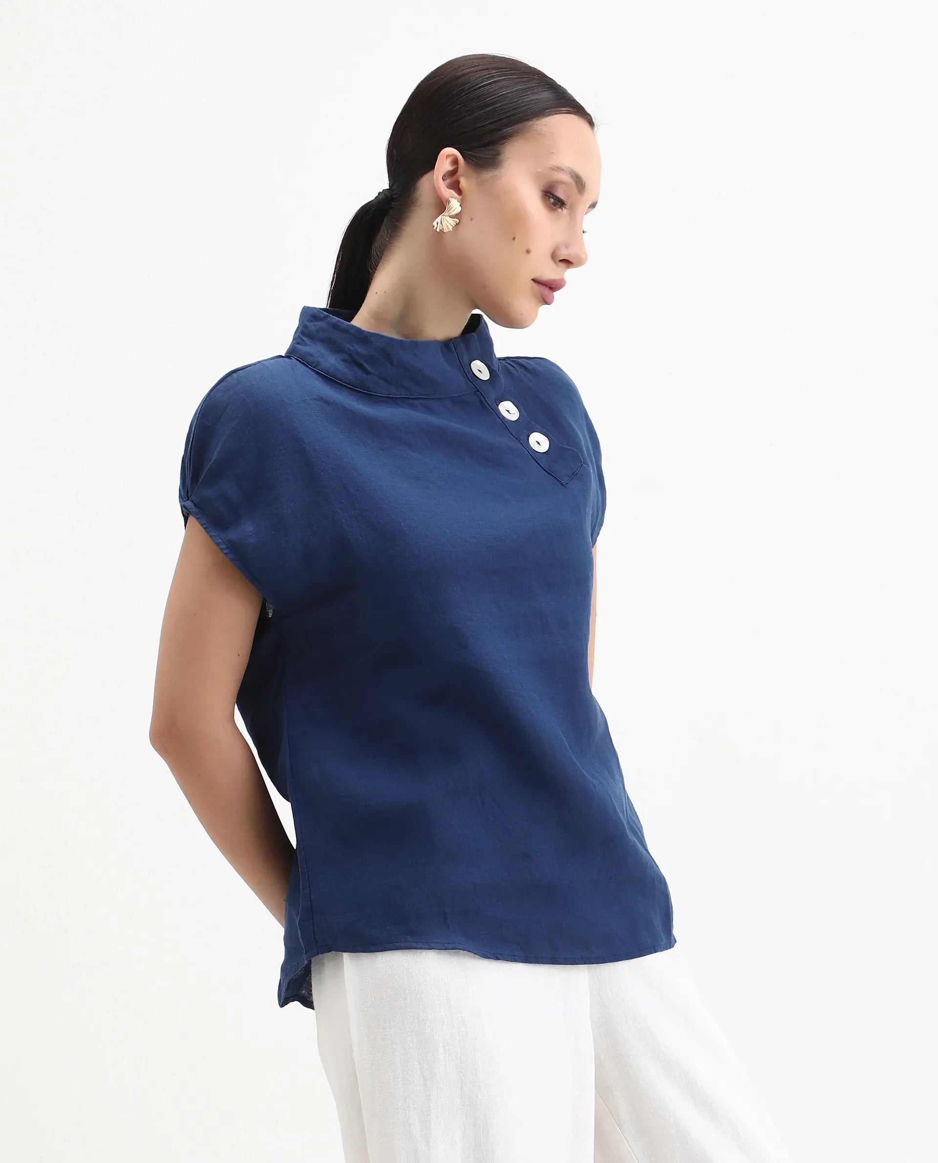 Rareism Womens Kavier Blue Top Cotton Linen Fabric Regular Fit Extended Sleeves High Neck
