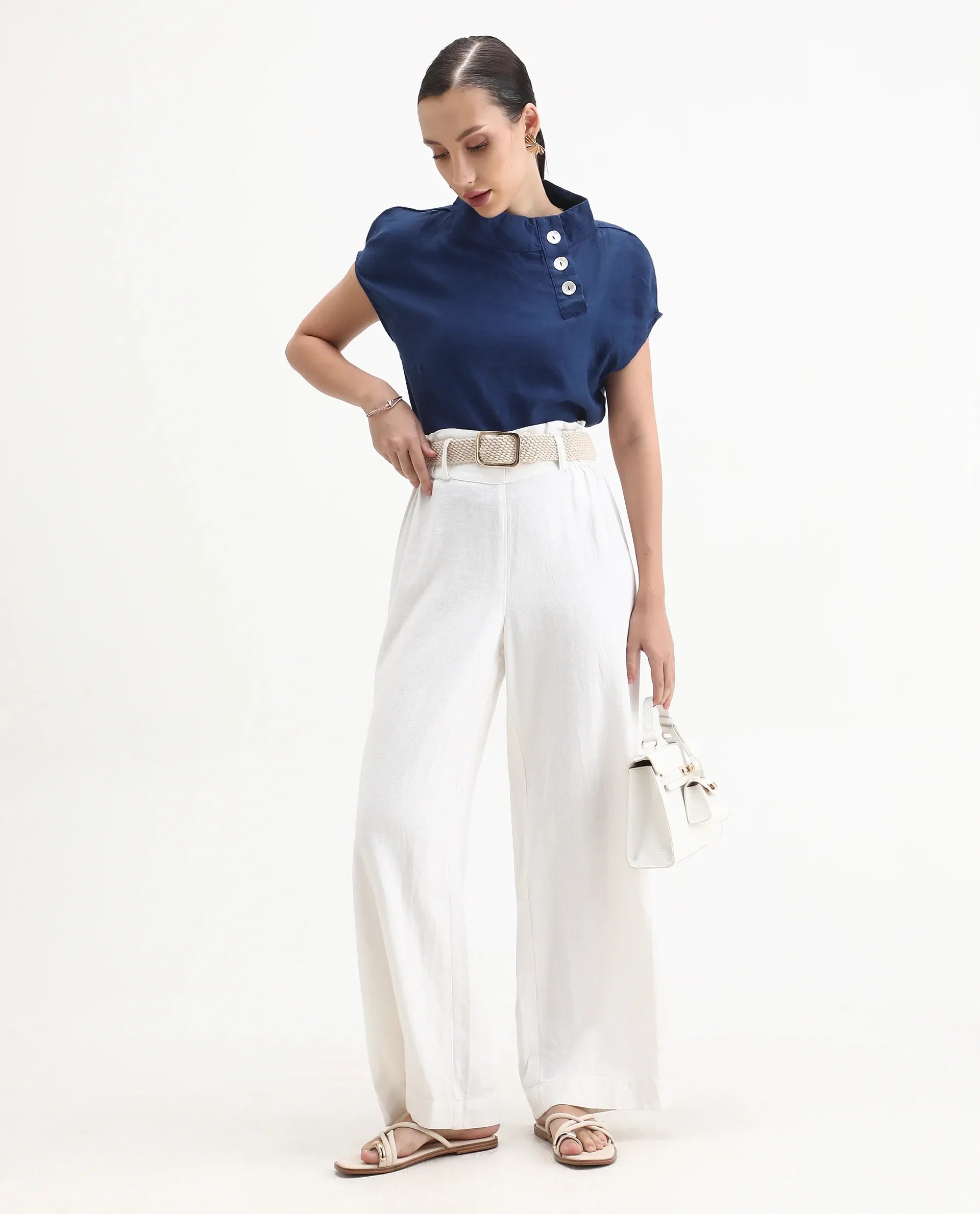 Rareism Womens Kavier Blue Top Cotton Linen Fabric Regular Fit Extended Sleeves High Neck