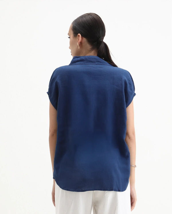 Rareism Womens Kavier Blue Top Cotton Linen Fabric Regular Fit Extended Sleeves High Neck