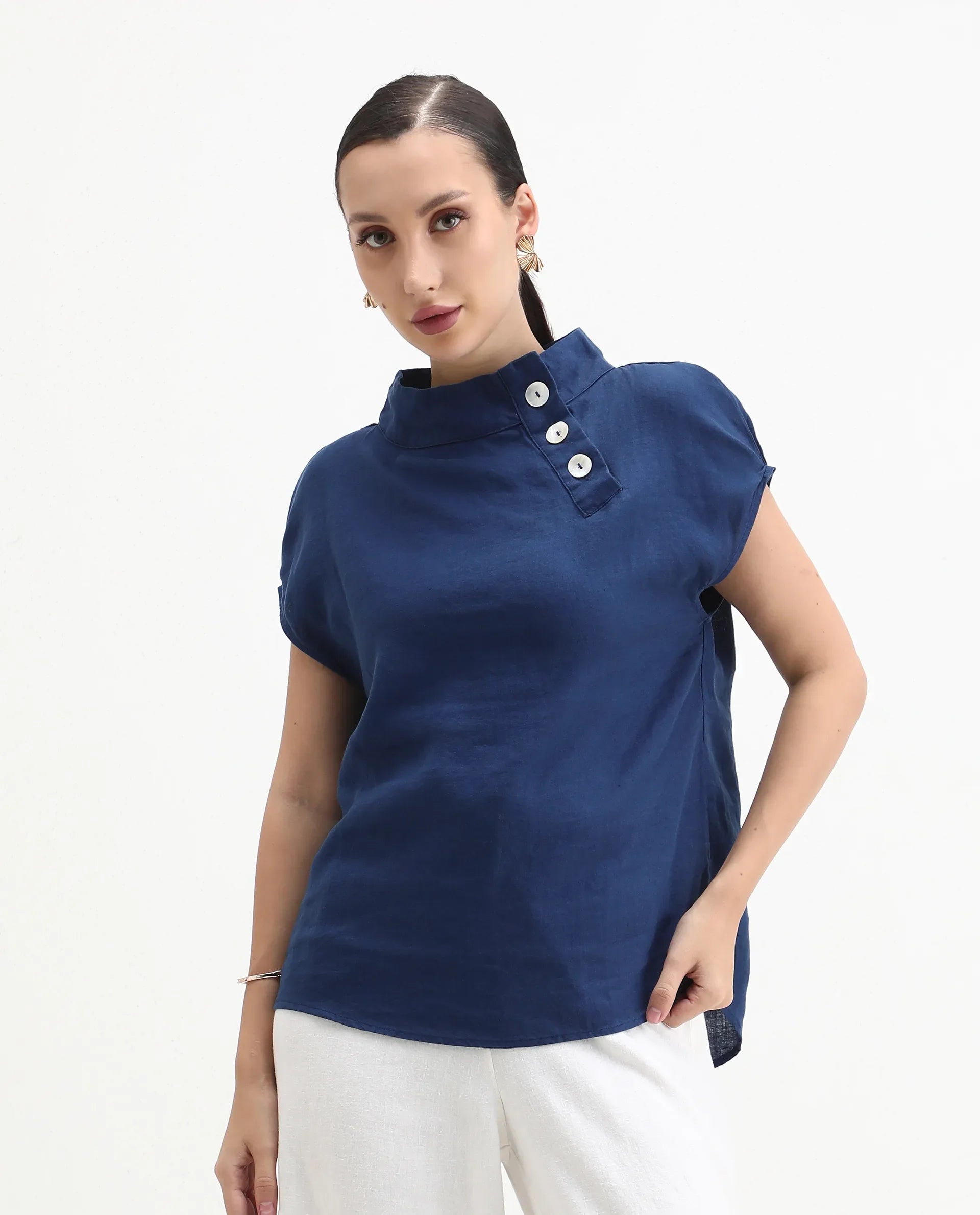 Rareism Womens Kavier Blue Top Cotton Linen Fabric Regular Fit Extended Sleeves High Neck