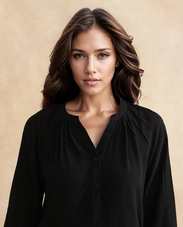 Rareism Women Kella Black Viscose Fabric Full Sleeve Round Neck Embroidered Top