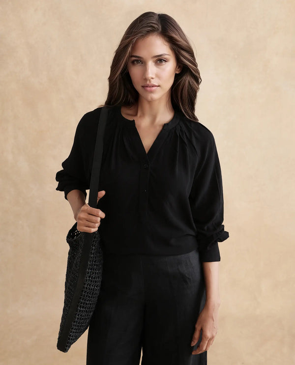 Rareism Women Kella Black Viscose Fabric Full Sleeve Round Neck Embroidered Top