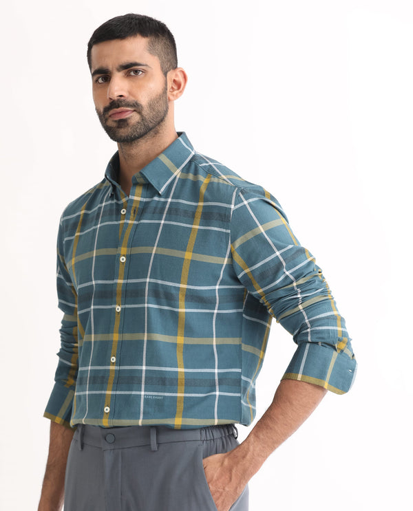 Rare Rabbit Men's Keller Navy Cotton Fabric Full Sleeves Checks Shirt