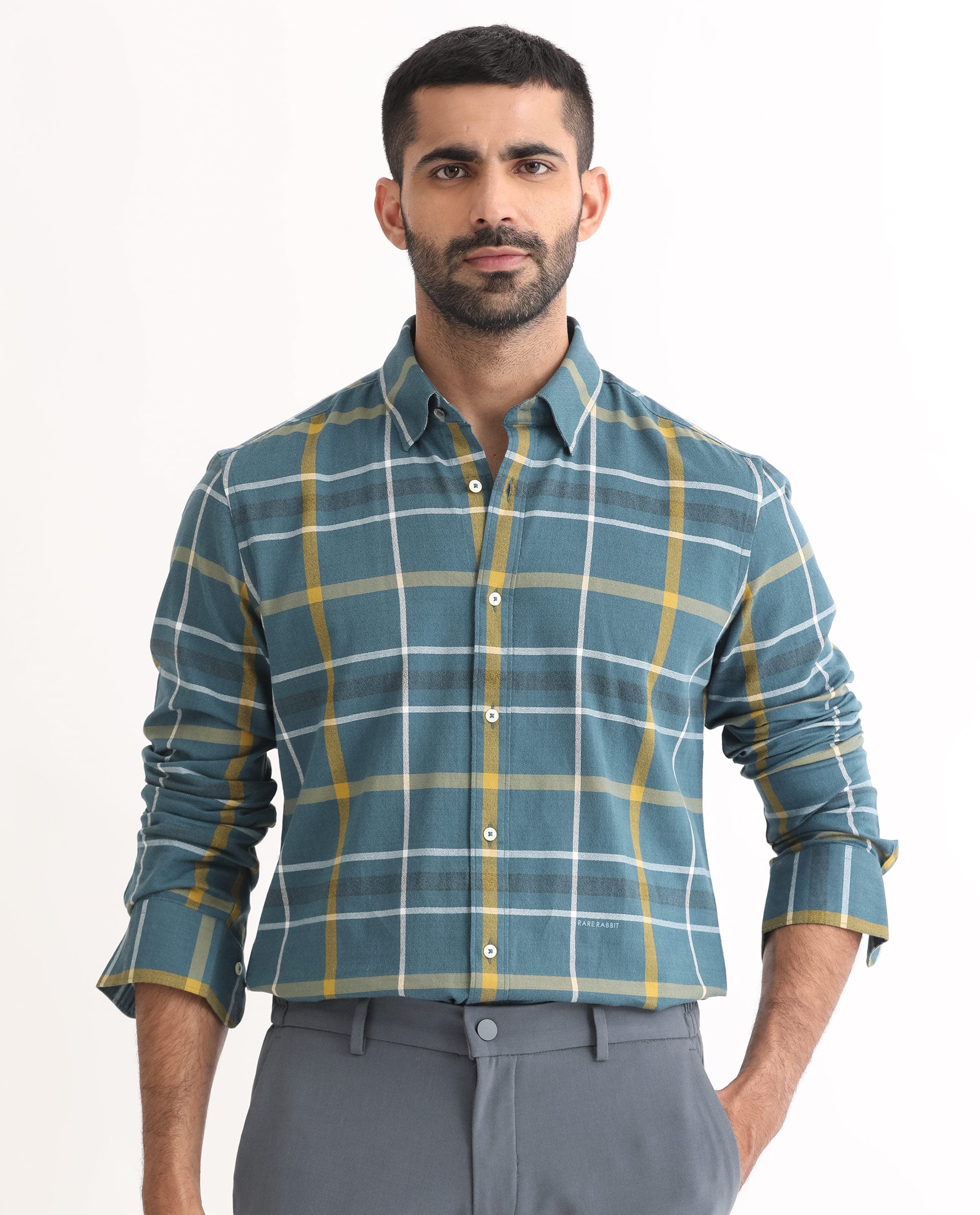 Rare Rabbit Men's Keller Navy Cotton Fabric Full Sleeves Checks Shirt