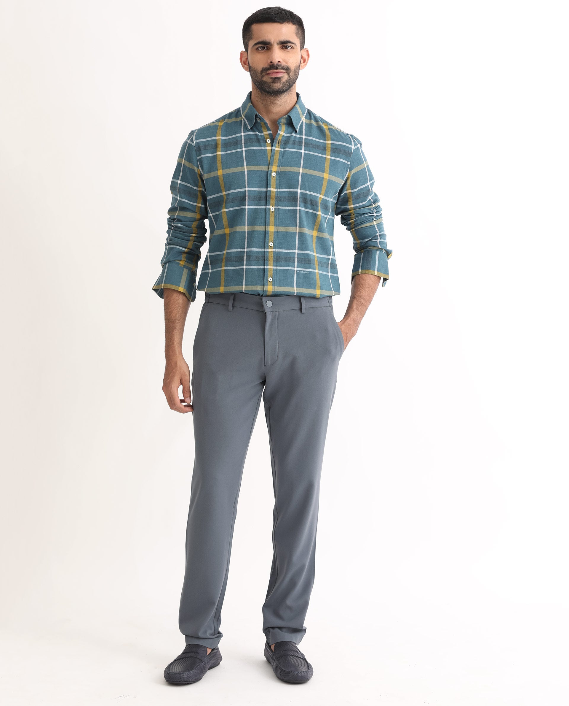 Rare Rabbit Men's Keller Navy Cotton Fabric Full Sleeves Checks Shirt