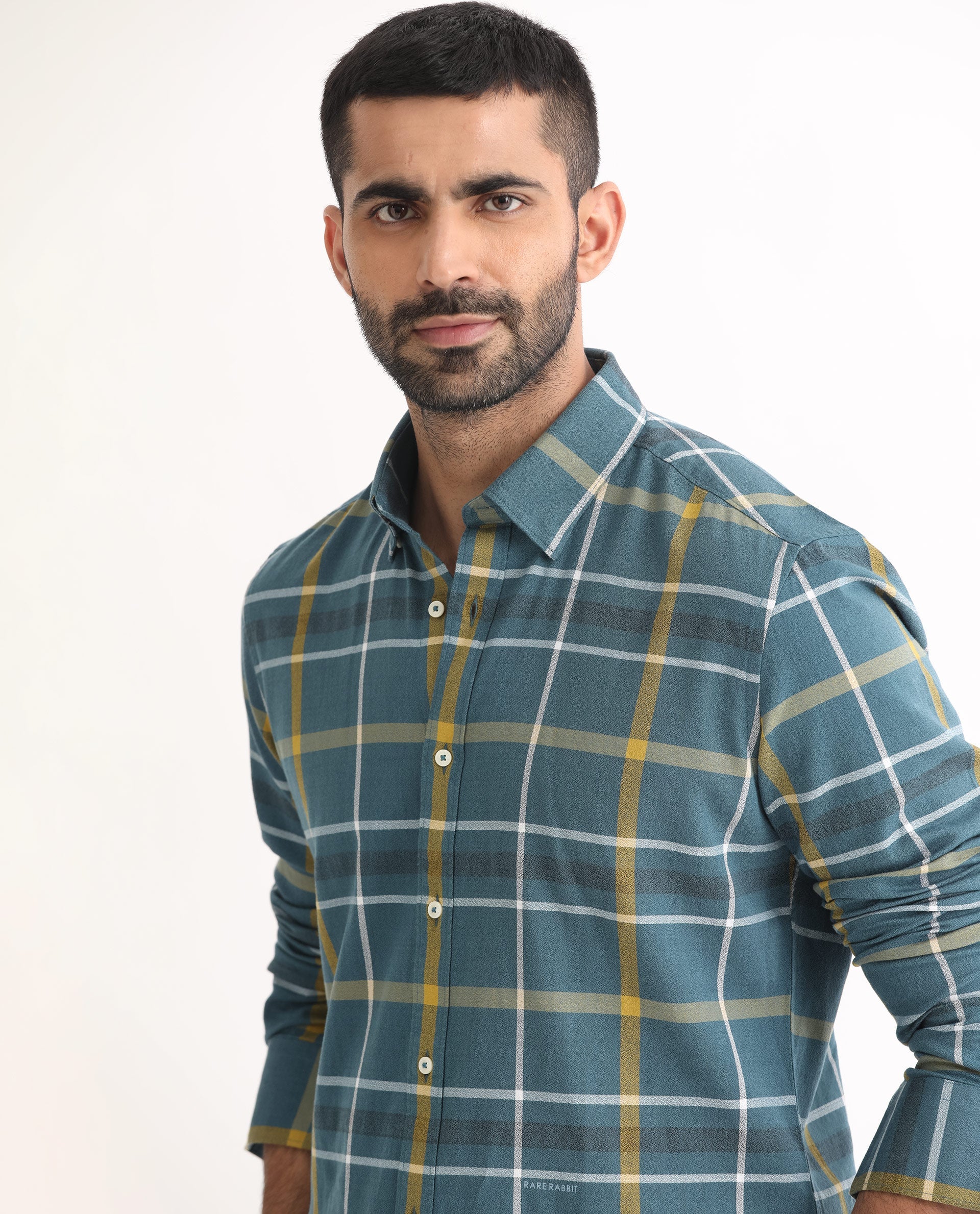 Rare Rabbit Men's Keller Navy Cotton Fabric Full Sleeves Checks Shirt