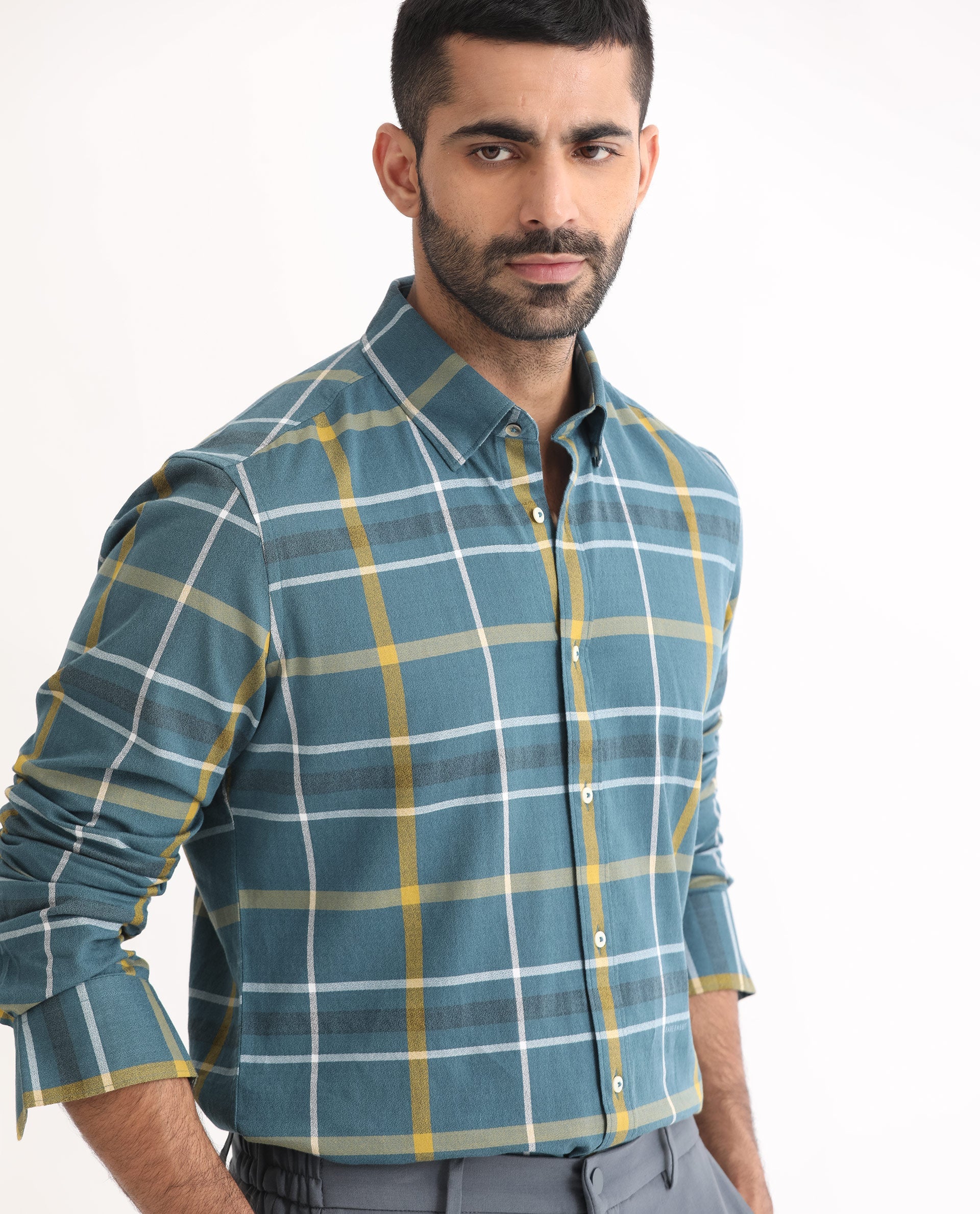 Rare Rabbit Men's Keller Navy Cotton Fabric Full Sleeves Checks Shirt