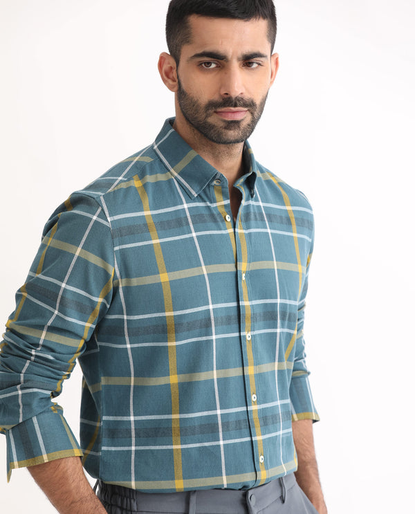 Rare Rabbit Men's Keller Navy Cotton Fabric Full Sleeves Checks Shirt