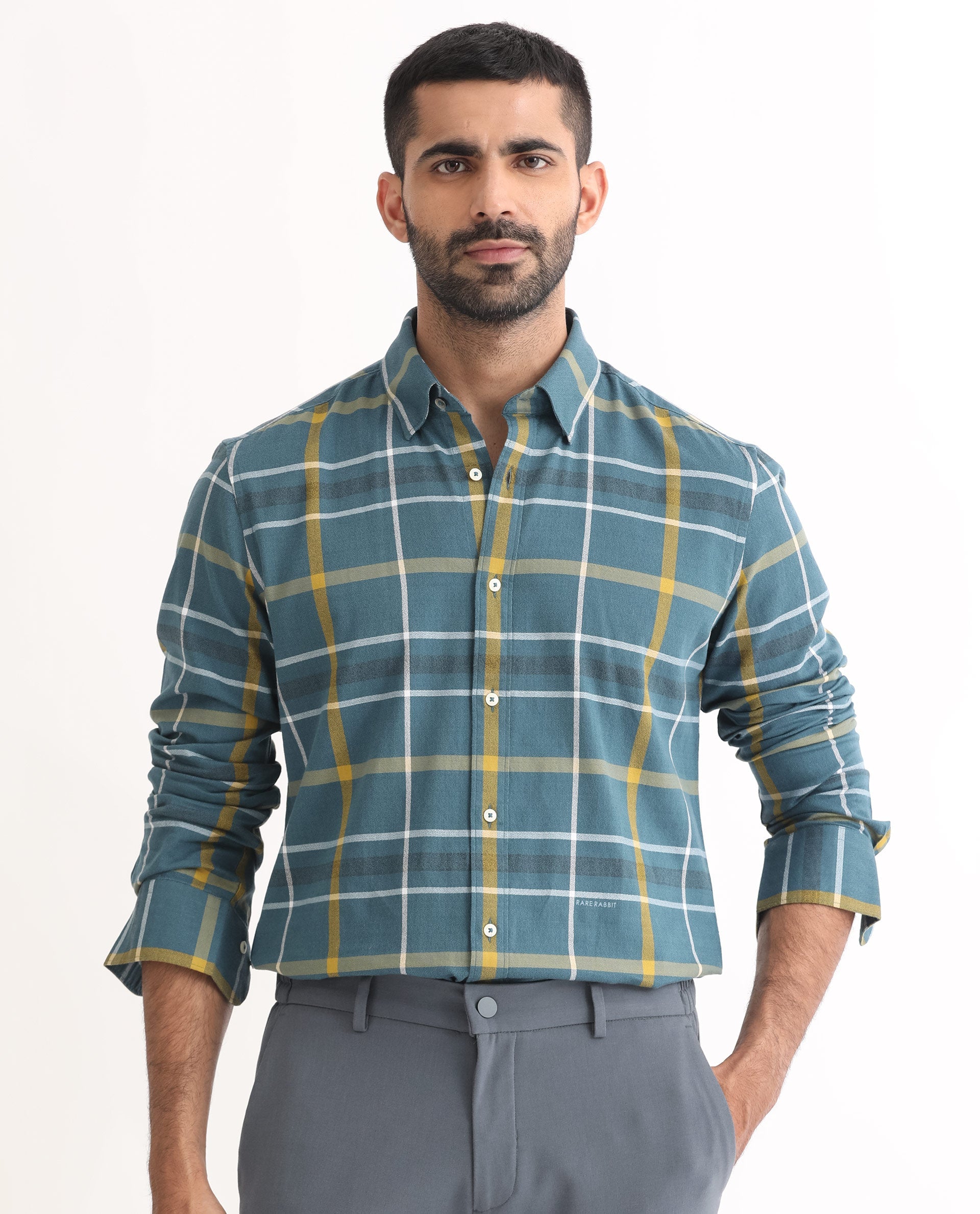 Rare Rabbit Men's Keller Navy Cotton Fabric Full Sleeves Checks Shirt