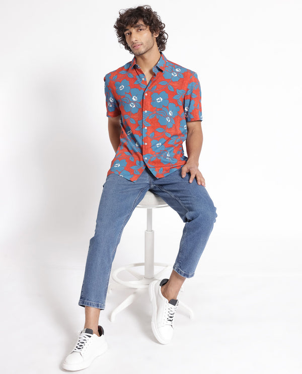 Rare Rabbit Men's Kian Dusky Orange Floral Print Half Sleeves Shirt