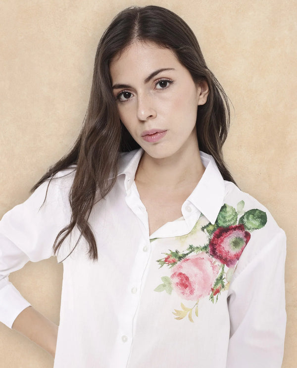 Rareism Women Kraftt White Poly Viscose Fabric Full Sleeve Round Neck Floral Print Regular Length Top