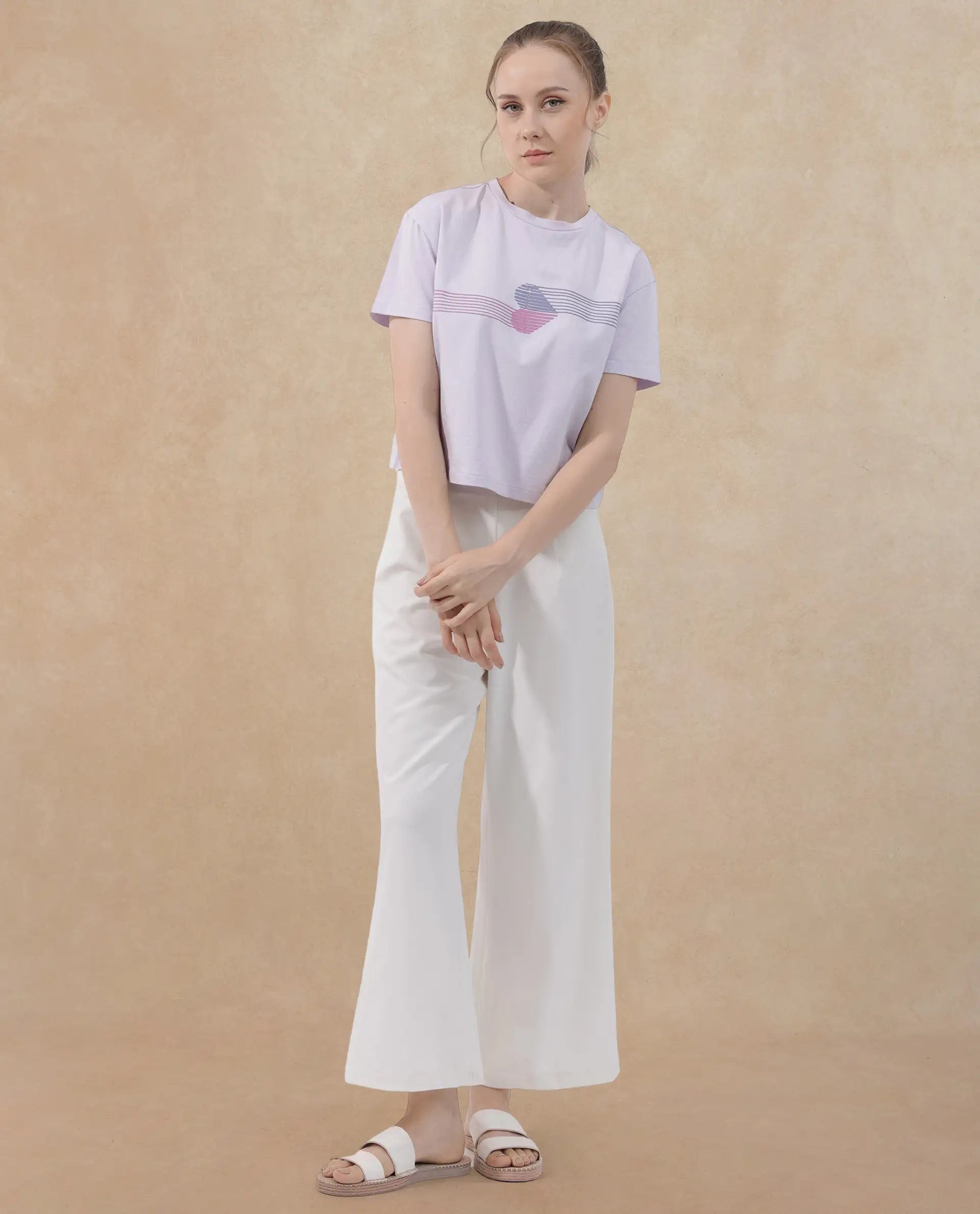 Rareism Women Kuncro Pastel Purple Cotton Elastane Fabric Crew Neck Knit Solid T-Shirt