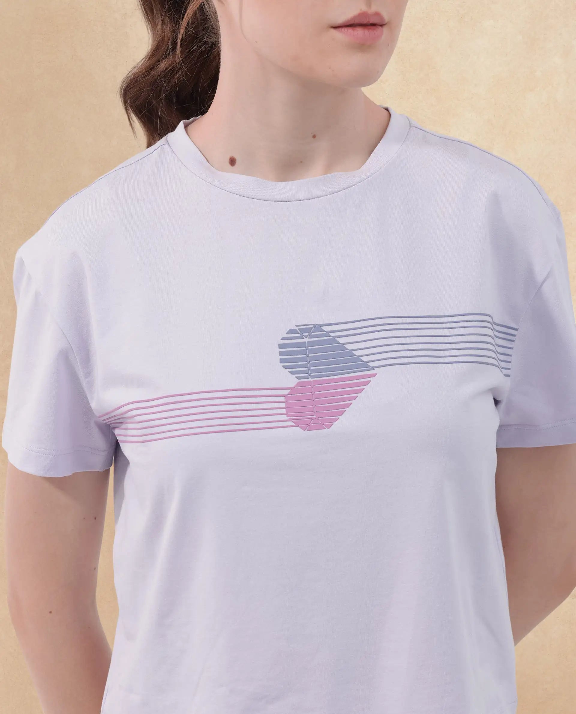 Rareism Women Kuncro Pastel Purple Cotton Elastane Fabric Crew Neck Knit Solid T-Shirt