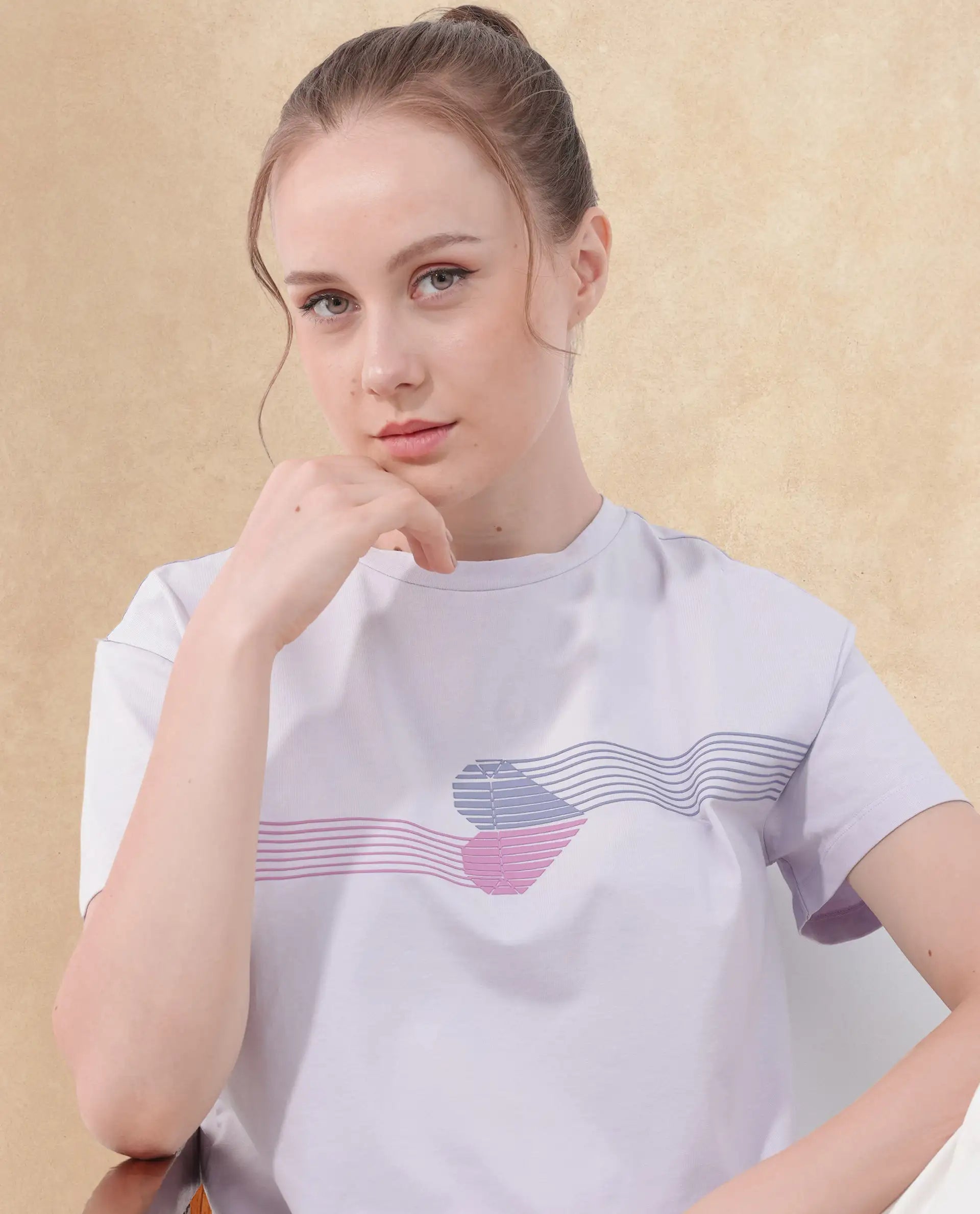 Rareism Women Kuncro Pastel Purple Cotton Elastane Fabric Crew Neck Knit Solid T-Shirt