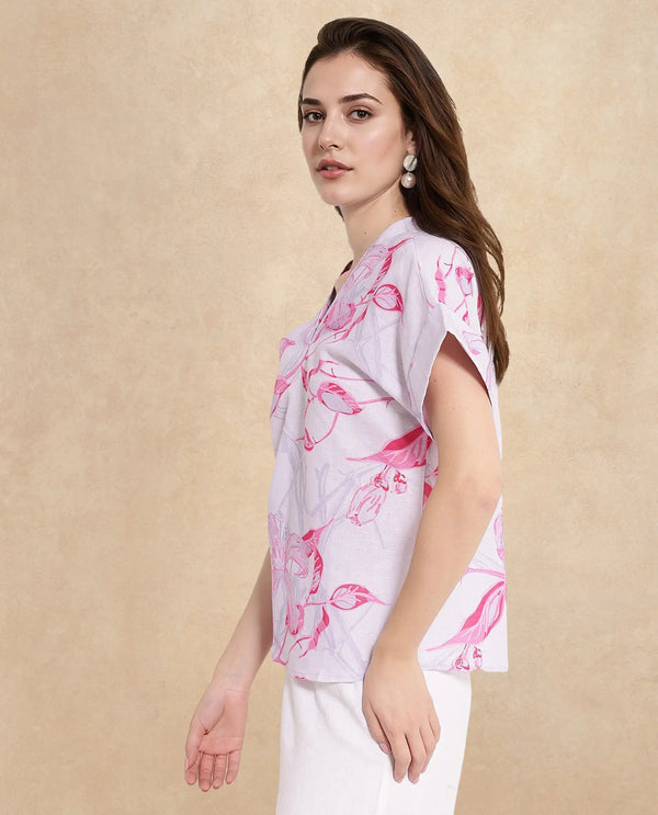 Rareism Women Kyor Dusky Purple Extended Sleeves V-Neck Floral Print Top