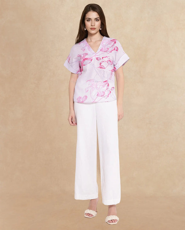 Rareism Women Kyor Dusky Purple Extended Sleeves V-Neck Floral Print Top