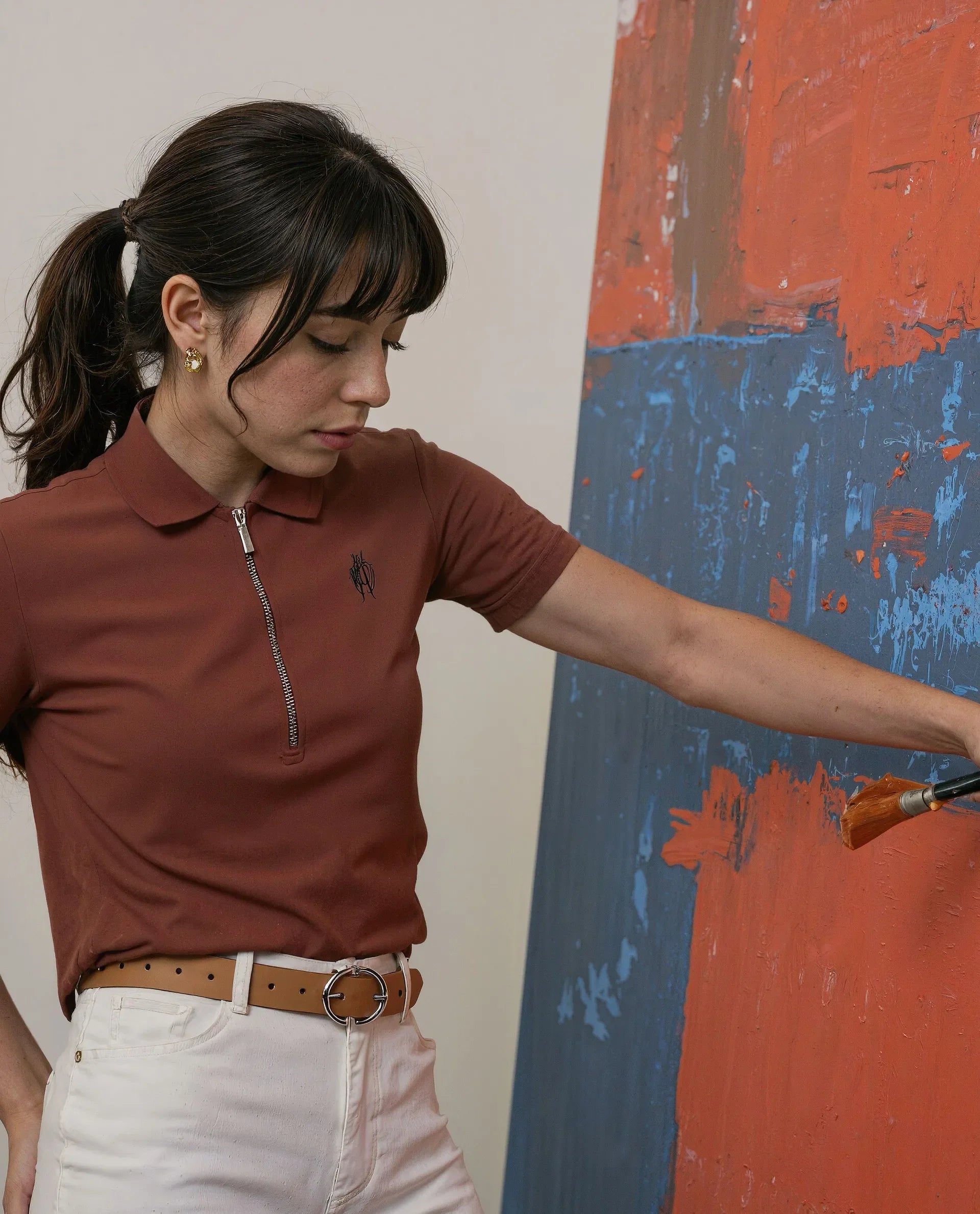 Rareism Women Laken Brown Cotton Lycra Fabric Short Sleeve Polo Collar Zipper Closure Plain Polo