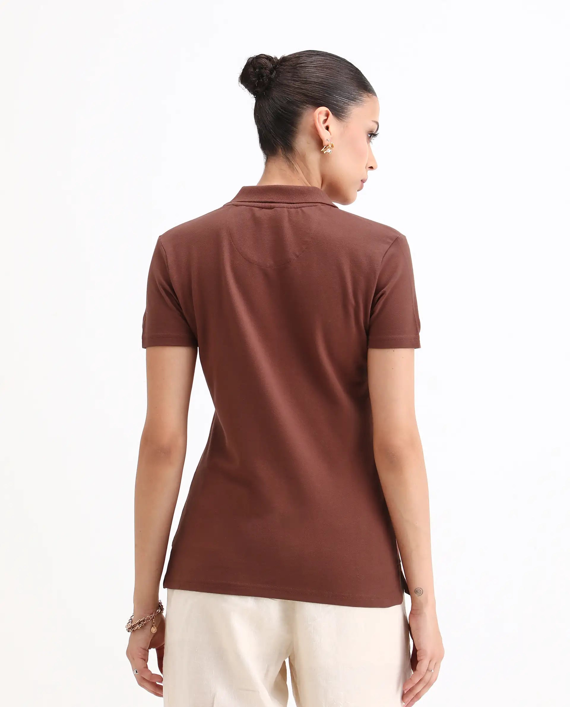 Rareism Women Laken Brown Cotton Lycra Fabric Short Sleeve Polo Collar Zipper Closure Plain Polo