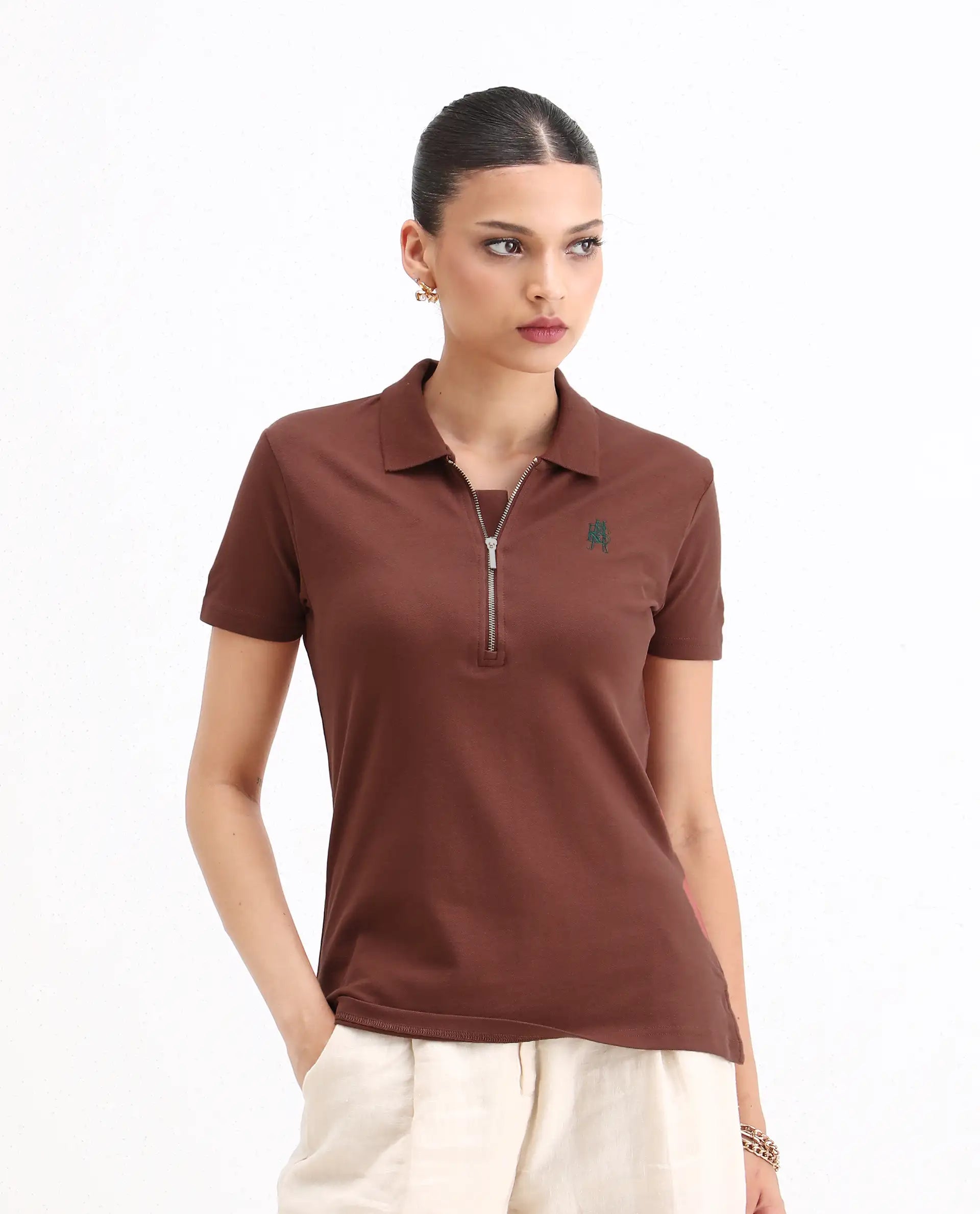 Rareism Women Laken Brown Cotton Lycra Fabric Short Sleeve Polo Collar Zipper Closure Plain Polo