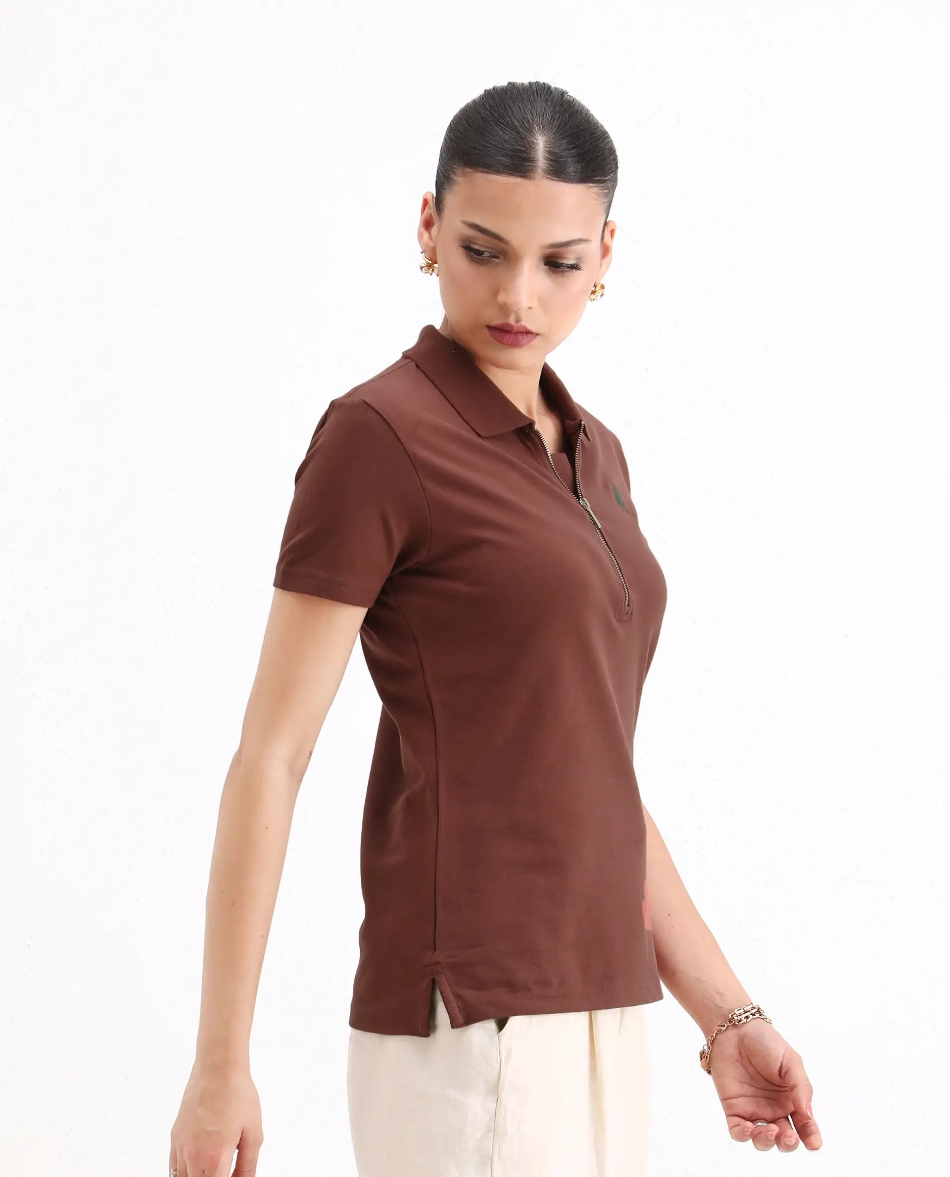 Rareism Women Laken Brown Cotton Lycra Fabric Short Sleeve Polo Collar Zipper Closure Plain Polo