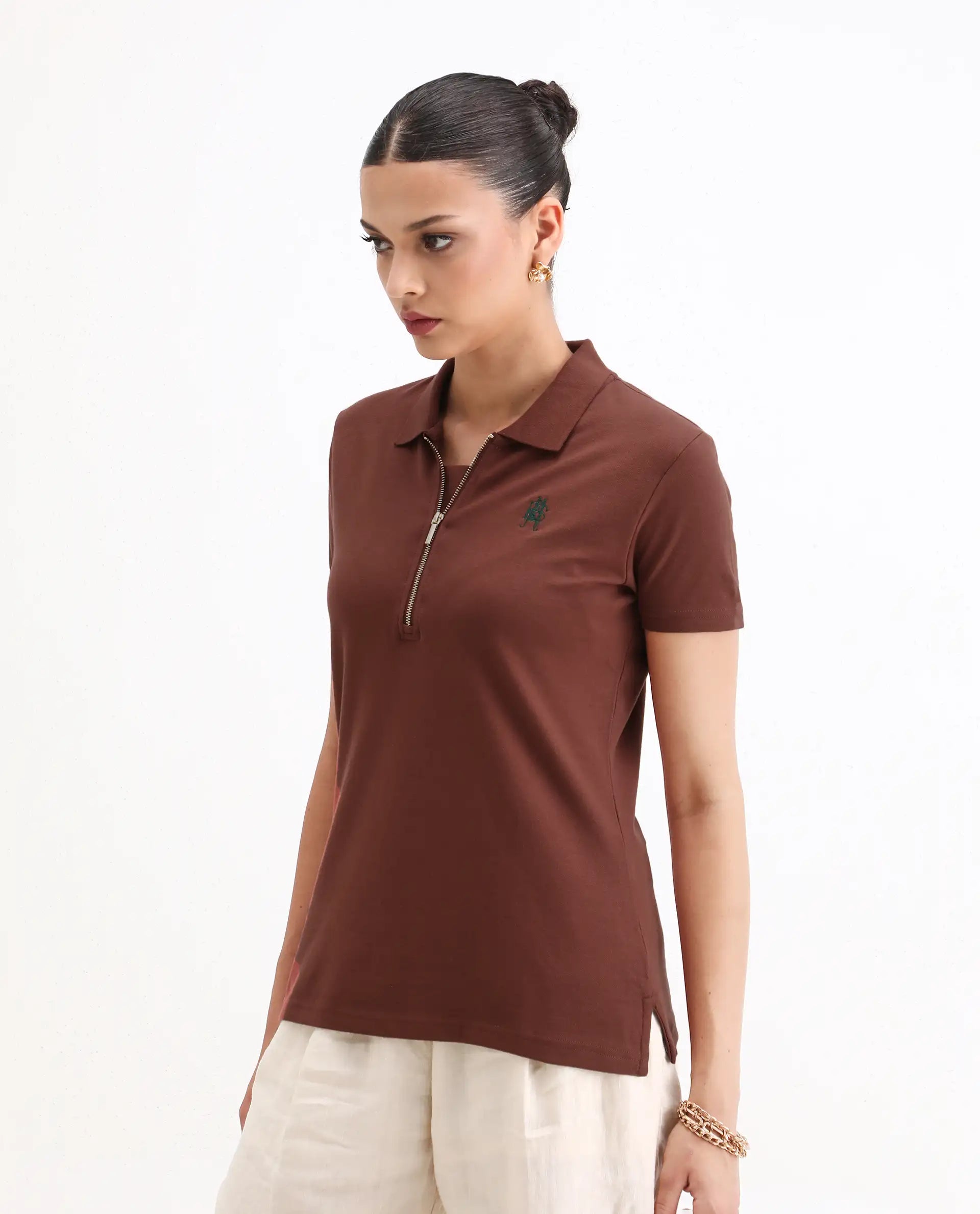 Rareism Women Laken Brown Cotton Lycra Fabric Short Sleeve Polo Collar Zipper Closure Plain Polo