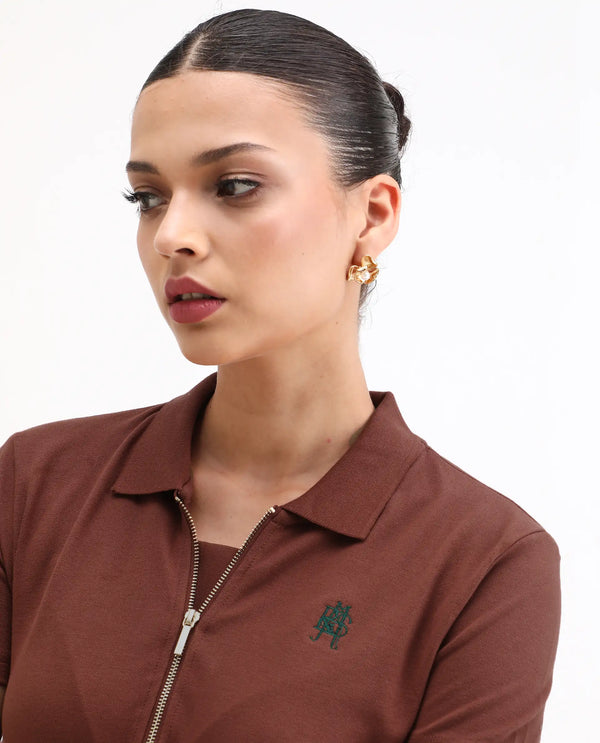 Rareism Women Laken Brown Cotton Lycra Fabric Short Sleeve Polo Collar Zipper Closure Plain Polo