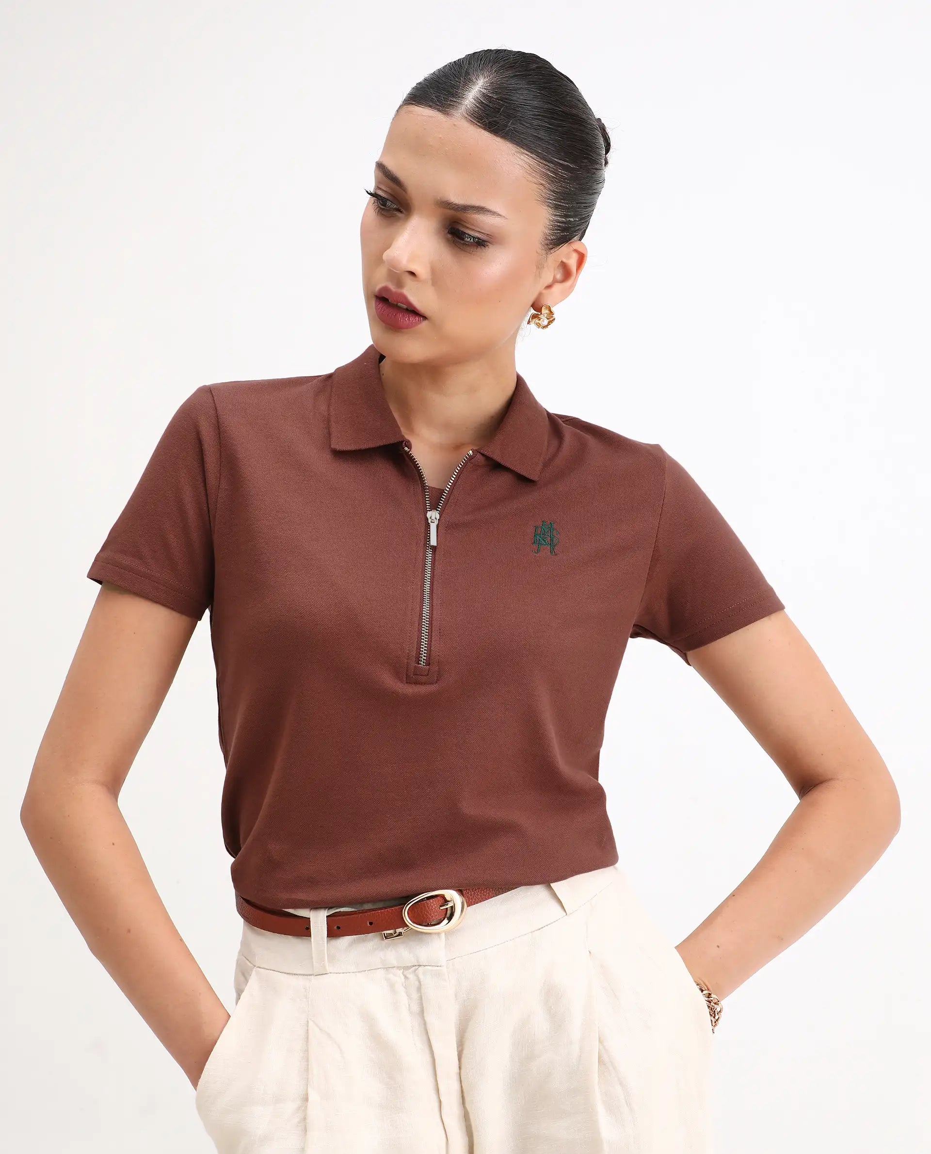 Rareism Women Laken Brown Cotton Lycra Fabric Short Sleeve Polo Collar Zipper Closure Plain Polo