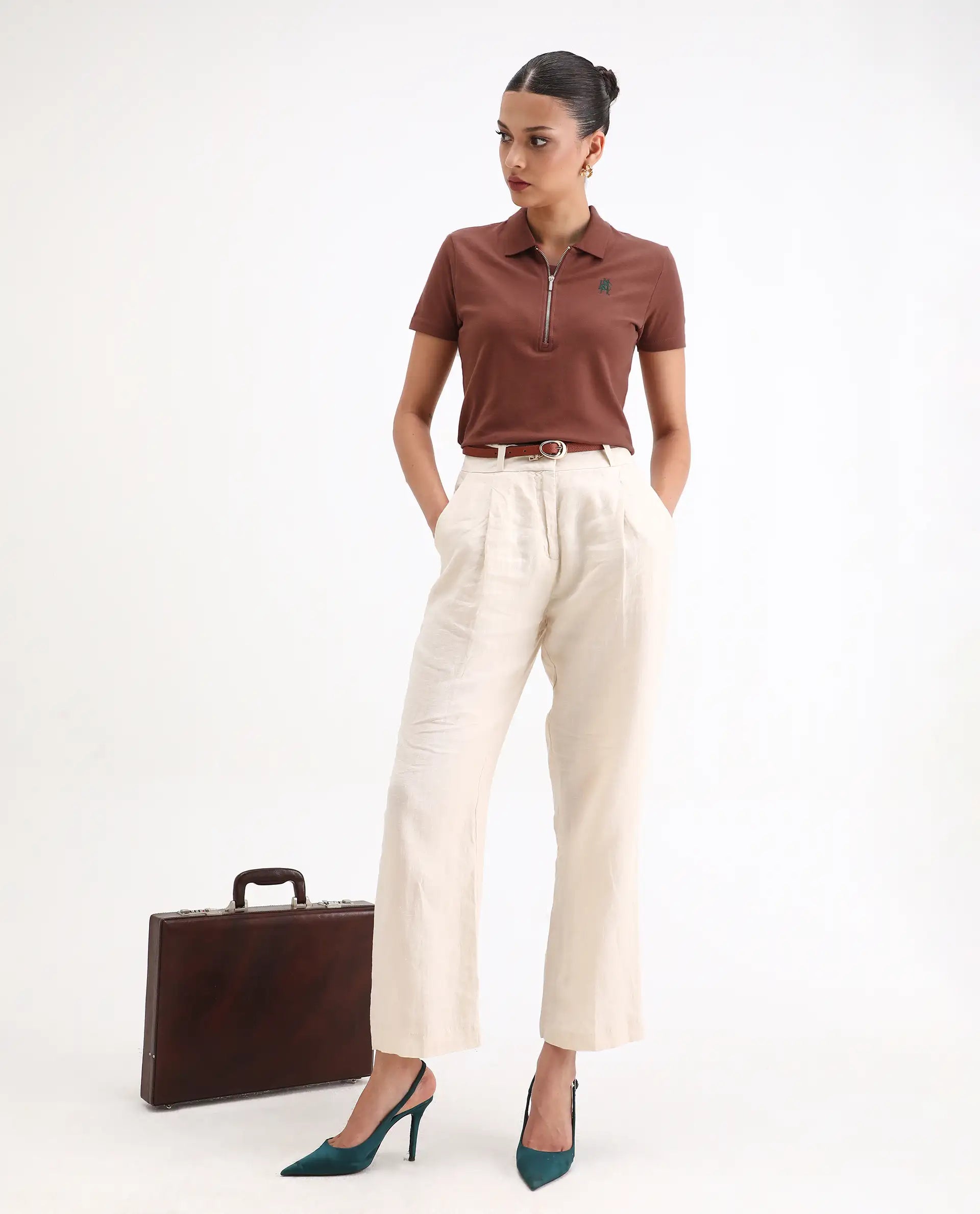 Rareism Women Laken Brown Cotton Lycra Fabric Short Sleeve Polo Collar Zipper Closure Plain Polo