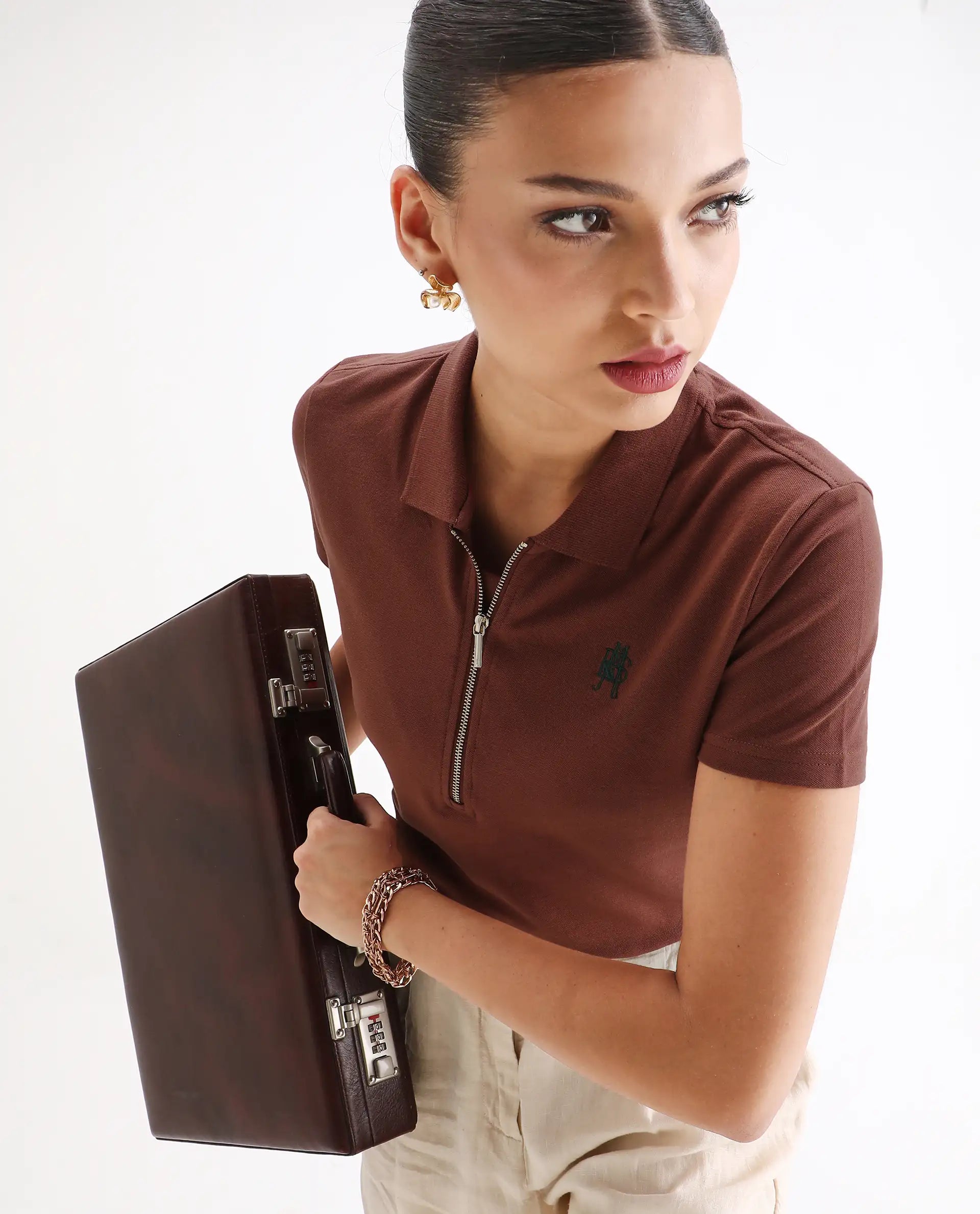 Rareism Women Laken Brown Cotton Lycra Fabric Short Sleeve Polo Collar Zipper Closure Plain Polo