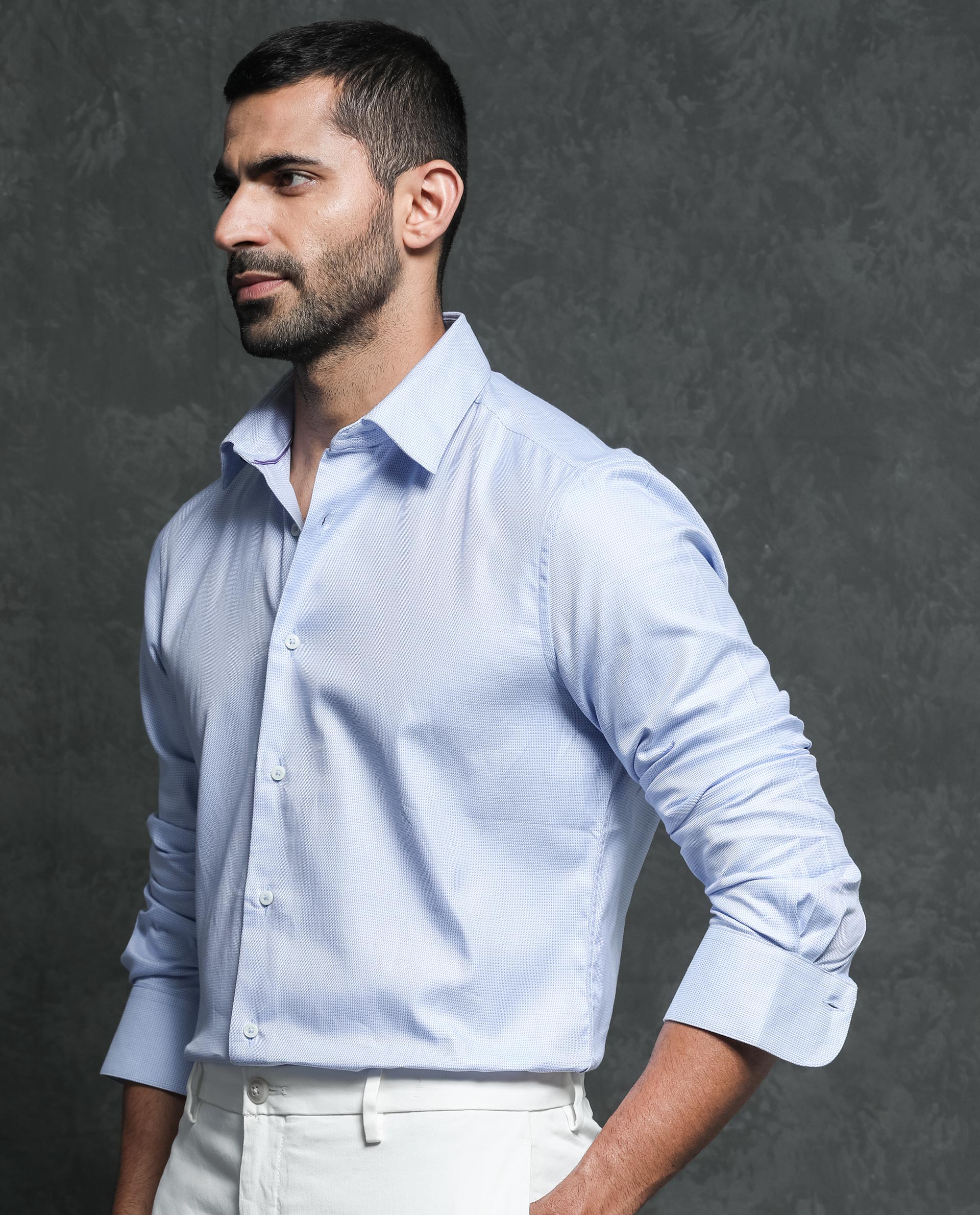 Rare Rabbit Men's Lanic Light Blue Cotton Fabric Full Sleeves Textured Shirt