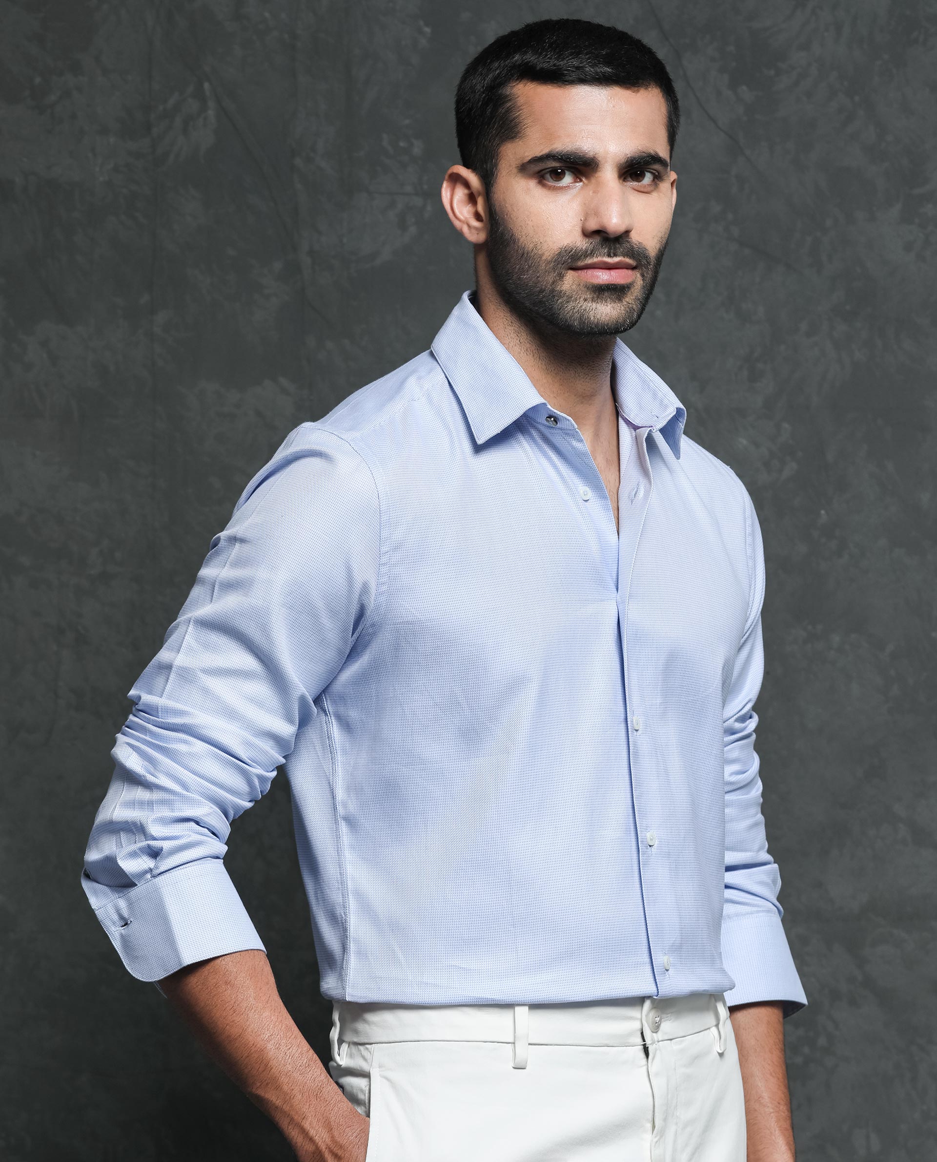 Rare Rabbit Men's Lanic Light Blue Cotton Fabric Full Sleeves Textured Shirt