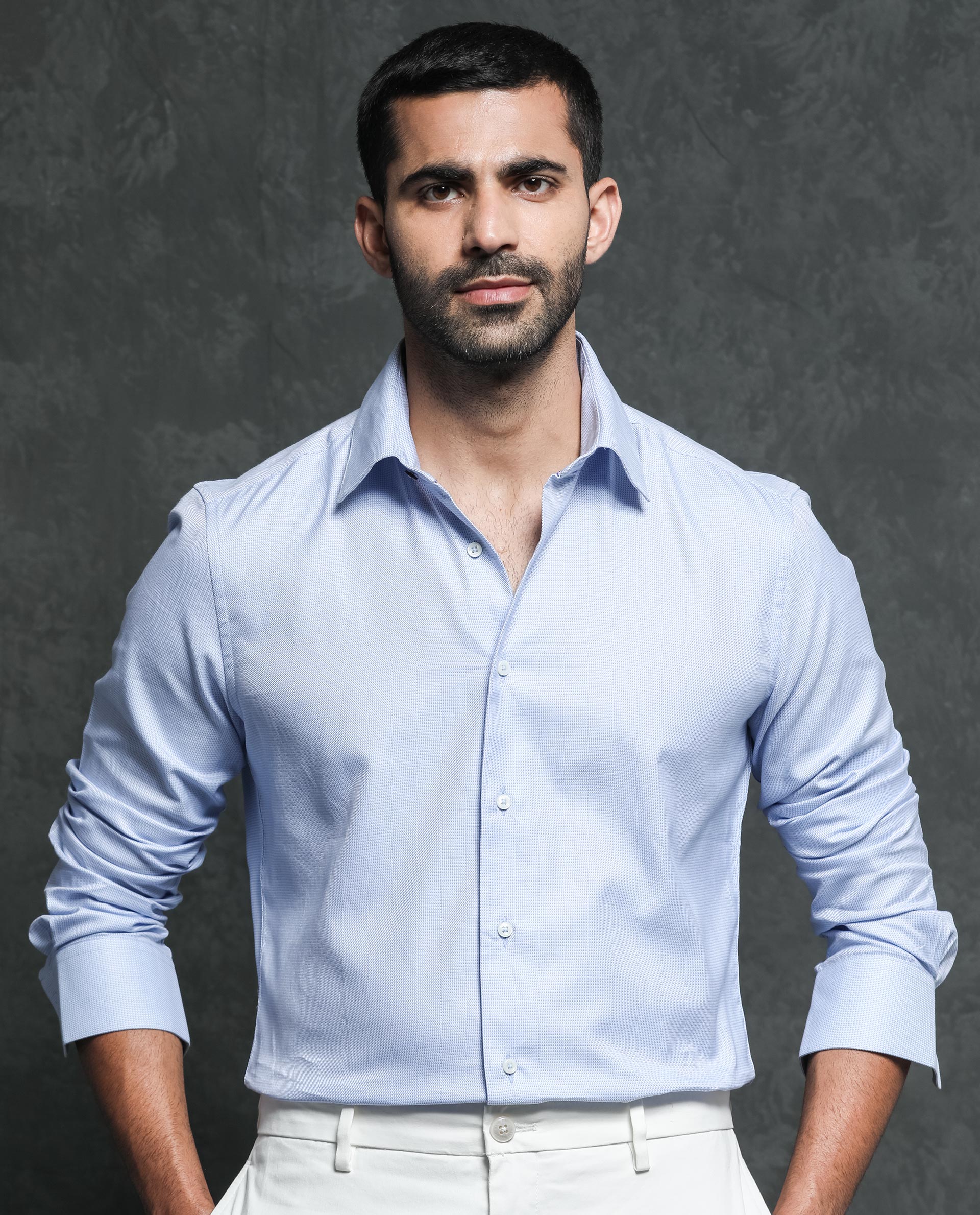 Rare Rabbit Men's Lanic Light Blue Cotton Fabric Full Sleeves Textured Shirt