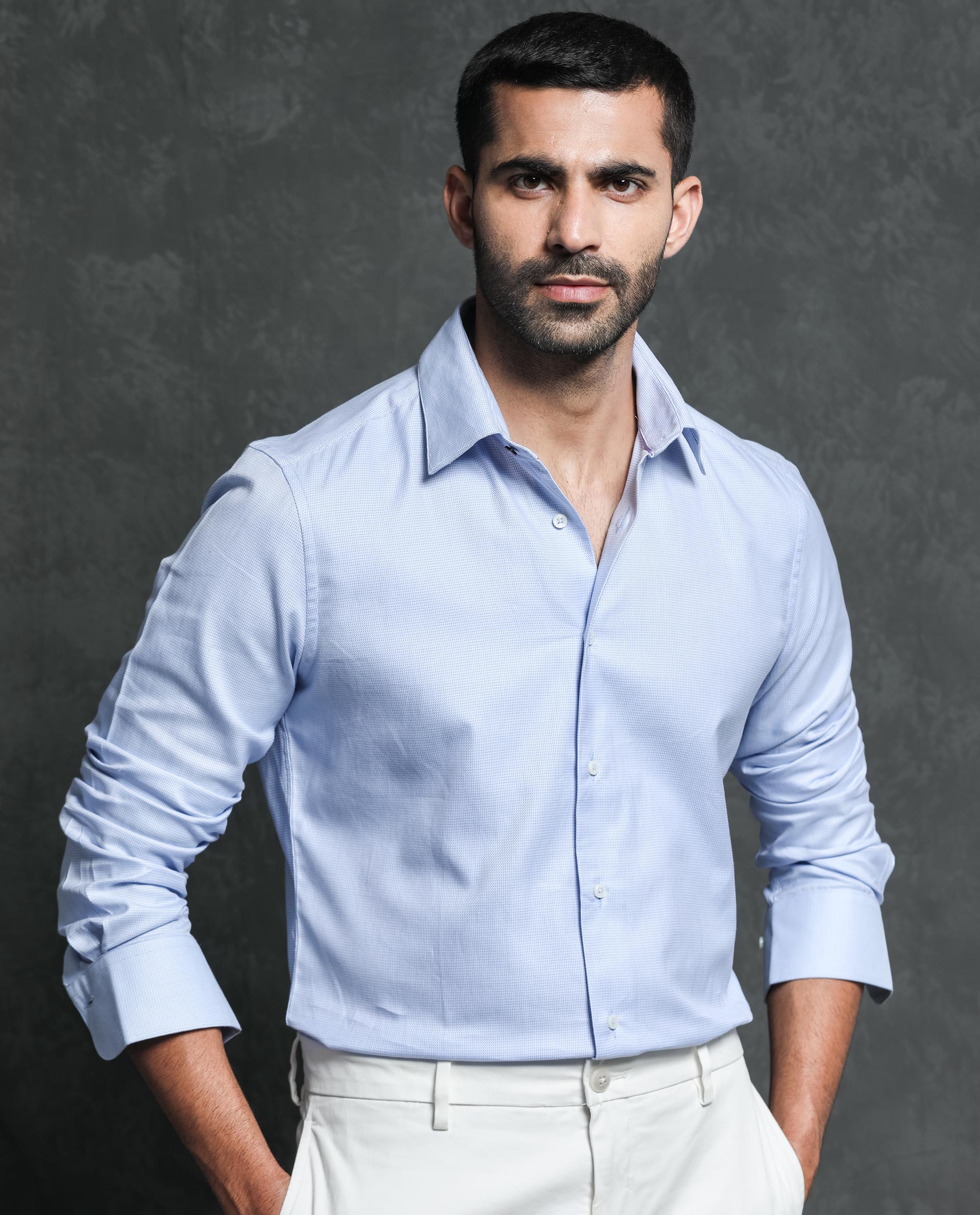 Rare Rabbit Men's Lanic Light Blue Cotton Fabric Full Sleeves Textured Shirt