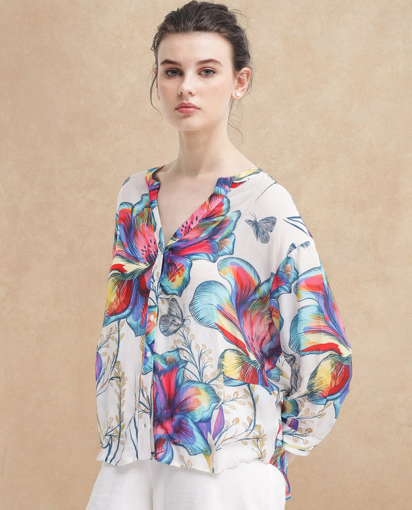 Rareism Women Layton Multi Rayon Nylon Fabric Balloon Sleeve Tie Up Neck Abstract Print Regular Length Top