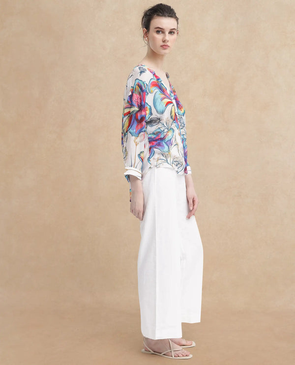 Rareism Women Layton Multi Rayon Nylon Fabric Balloon Sleeve Tie Up Neck Abstract Print Regular Length Top