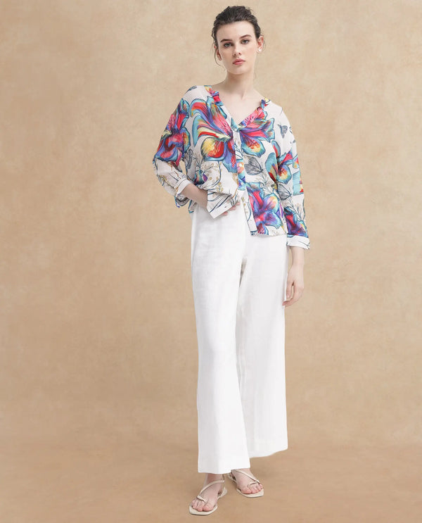 Rareism Women Layton Multi Rayon Nylon Fabric Balloon Sleeve Tie Up Neck Abstract Print Regular Length Top