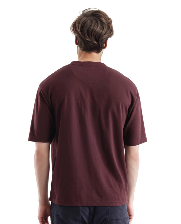 Rare Rabbit Men Leat Dark Brown Cotton Polyester Fabric Short Sleeve Crew Neck Boxy Fit Printed T-Shirt